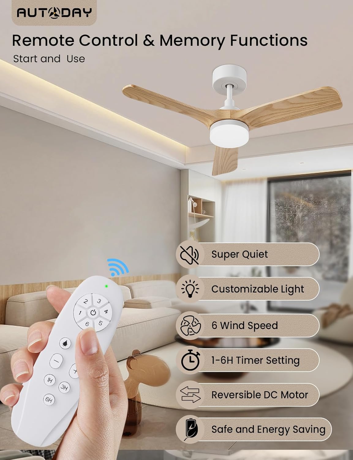 Autoday Ventilatore da Soffitto Legno con Luce 90cm - immagine 4