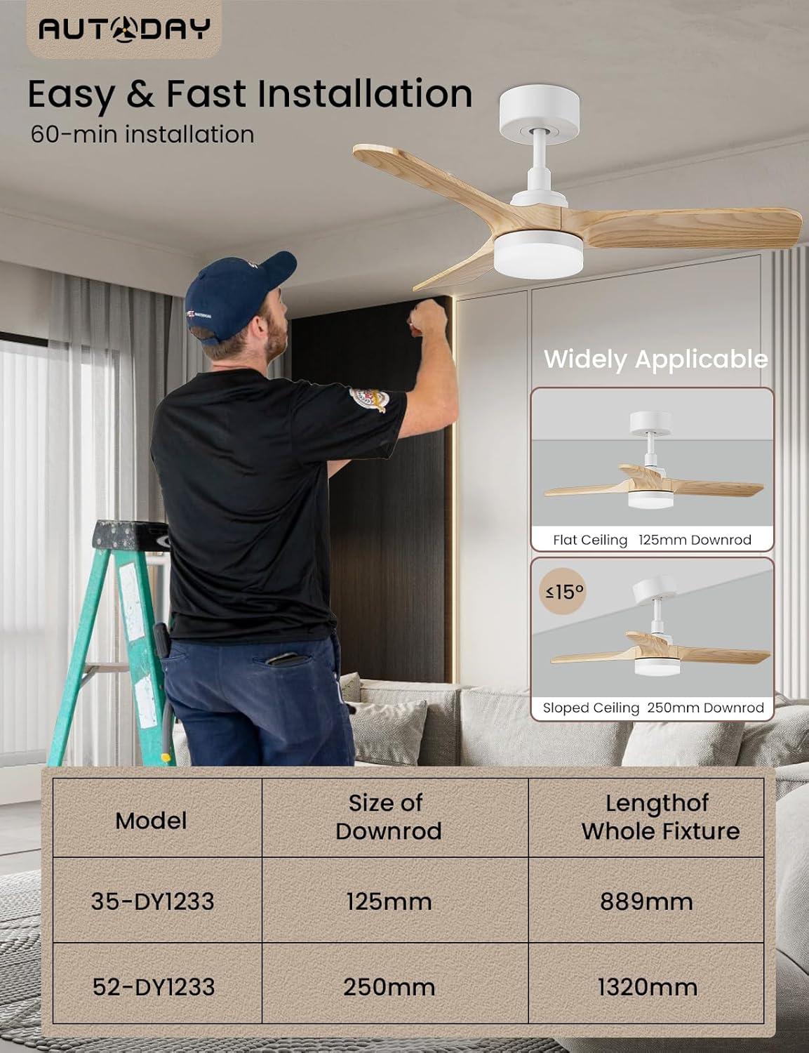 Autoday Ventilatore da Soffitto Legno con Luce 90cm - immagine 6