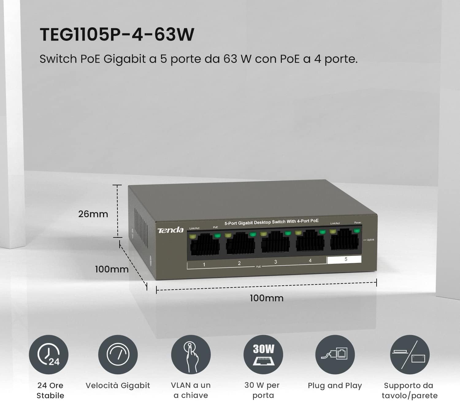 Tenda Switch PoE 5 Porte Gigabit 63W - immagine 2