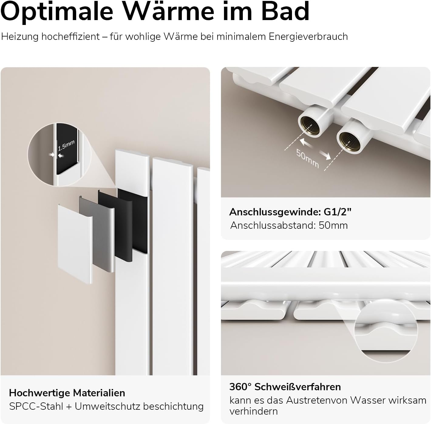 EMKE Radiatore Orizzontale 630x620mm 450W, Bianco - immagine 3