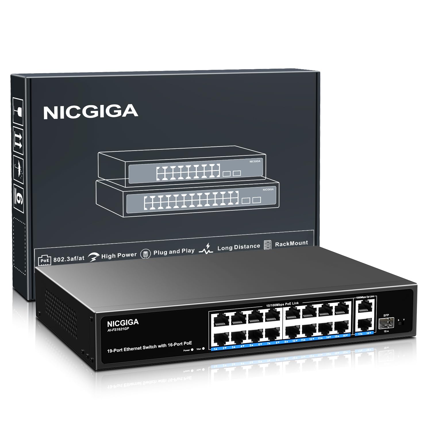 Switch PoE Nicgiga 16 Porte 250W non gestito