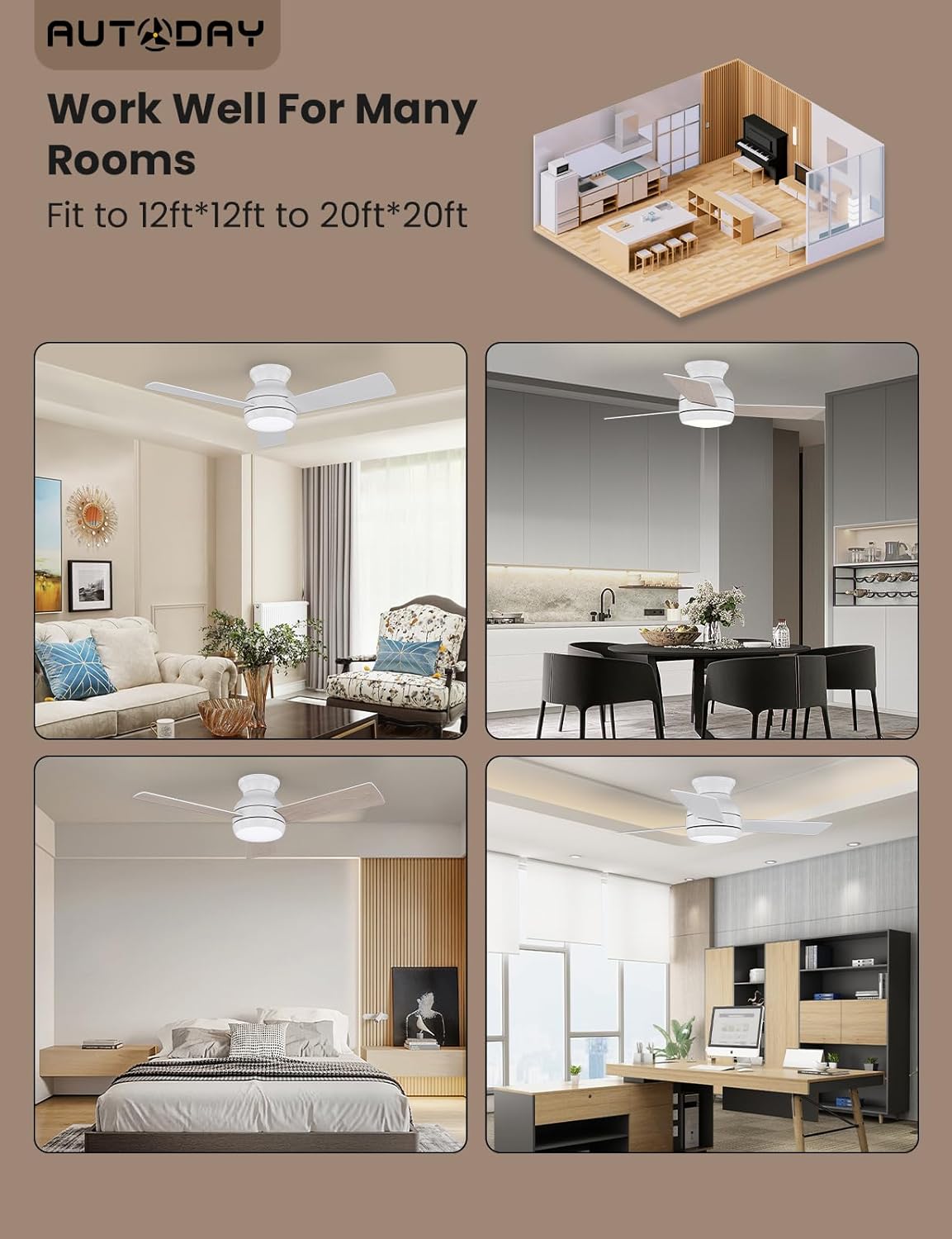 Autoday Ventilatore da Soffitto Legno con Luce LED 102cm - immagine 7