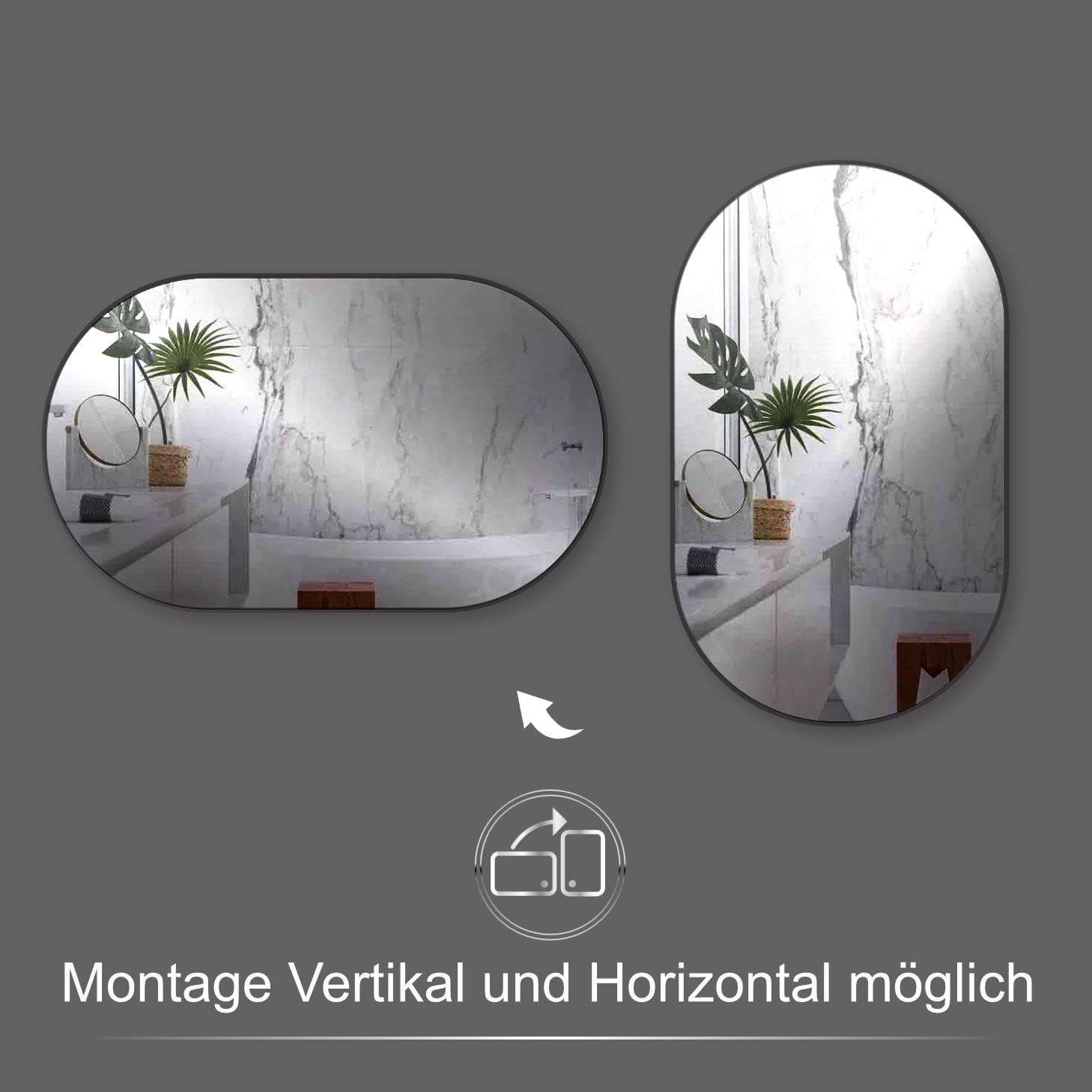 Hoko® Specchio da Parete Ovale 50x90 cm, Nero Opaco - immagine 2