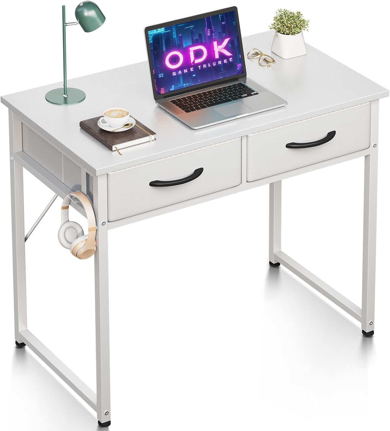 Odk Scrivania con 2 Cassetti e Portacuffie, Bianco