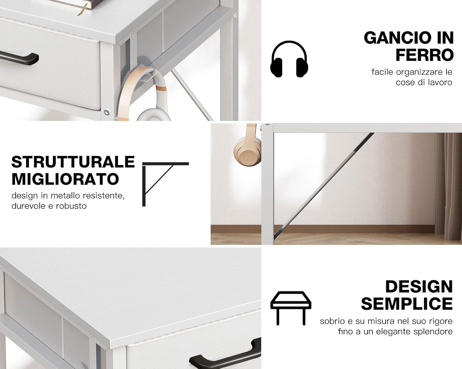 Odk Scrivania con 2 Cassetti e Portacuffie, Bianco - immagine 7