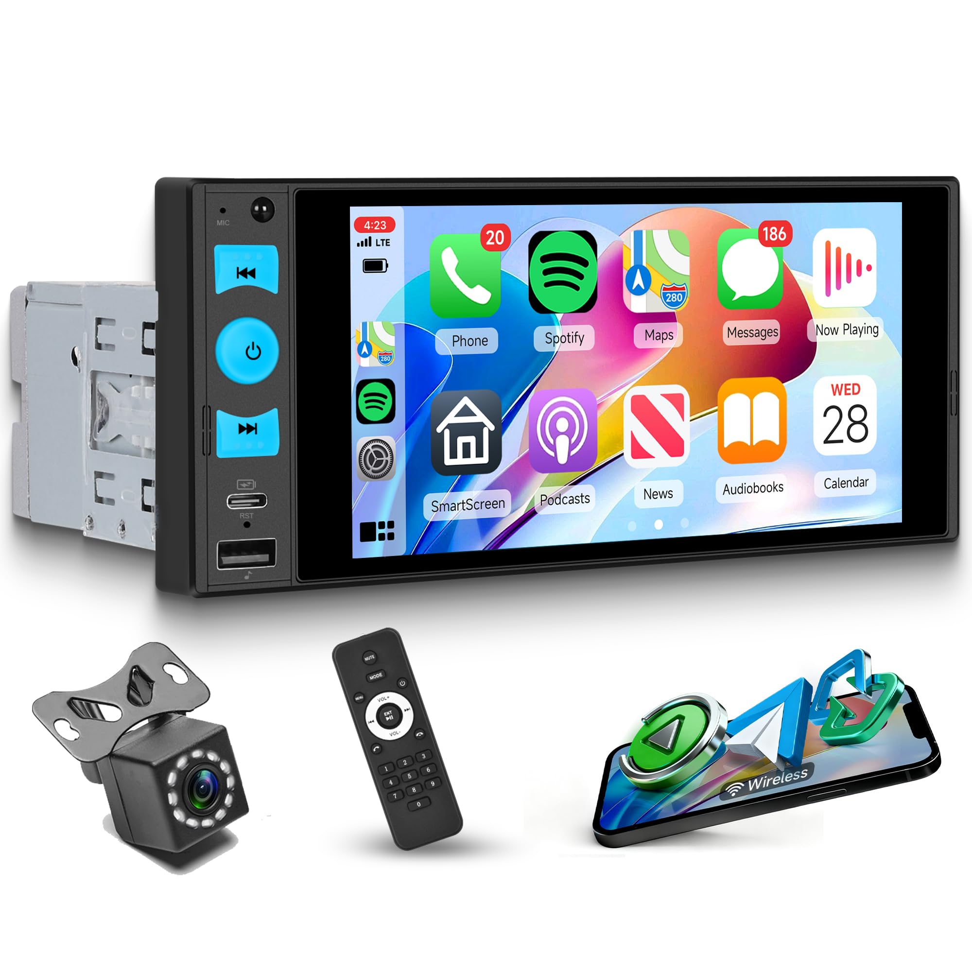 Wireless Carplay Autoradio 1 Din con Wireless Android Auto iOS/Android Mirror Link 6 Pollici Touchscreen Autoradio con Bluetooth 5.2 FM Radio USB/AUX/EQ/Type C Comandi al Volante Telecamera Posteriore