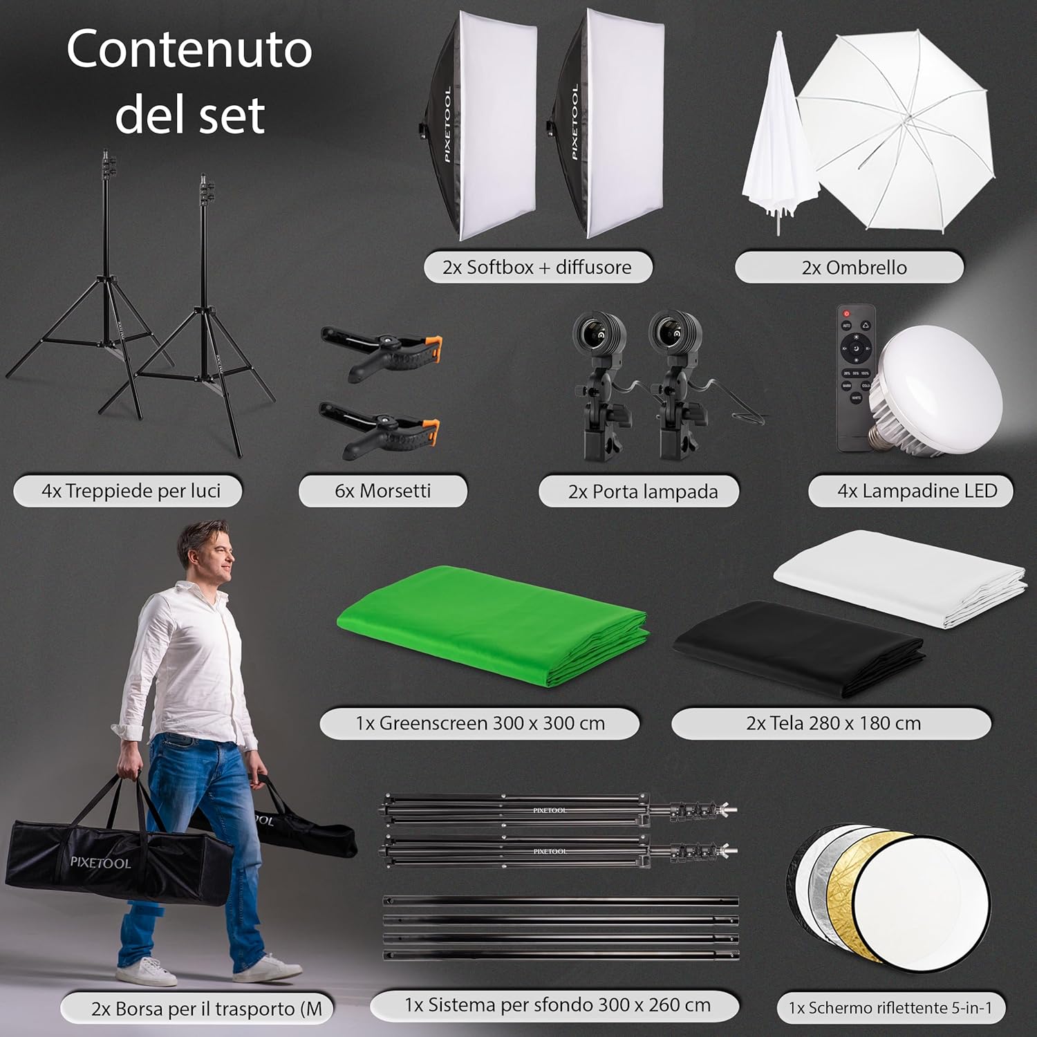 Pixetool Set Studio Fotografico Softbox e Green Screen - immagine 11