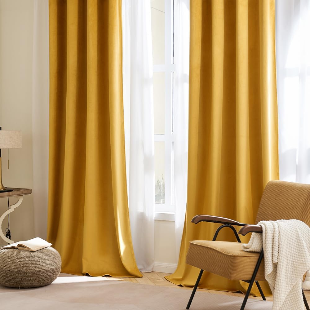 Miulee Tende Velluto Giallo Senape 2 Pezzi L 140 x A 245 CM - immagine 2
