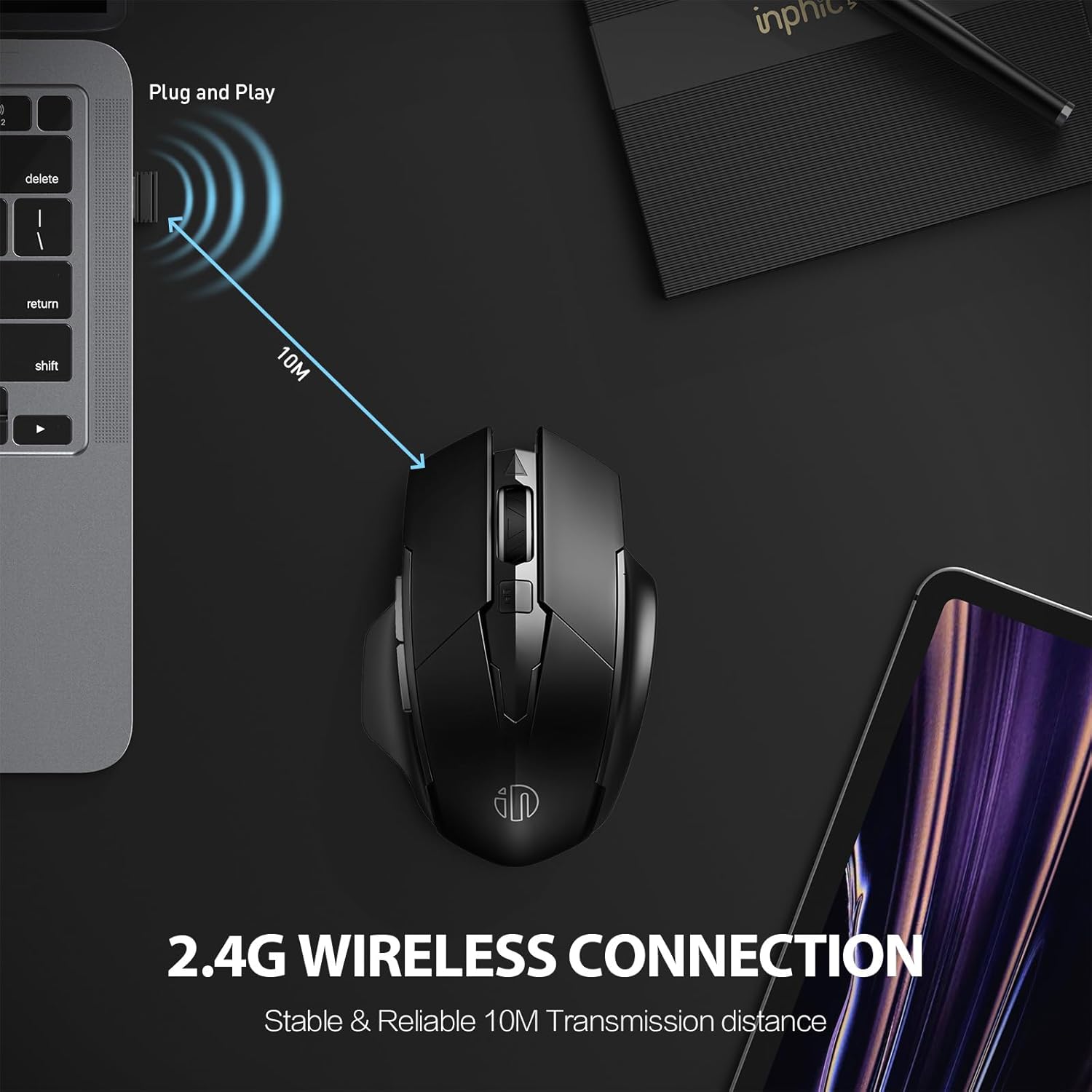 Inphic Mouse Wireless Ricaricabile 2.4G, Nero - immagine 2