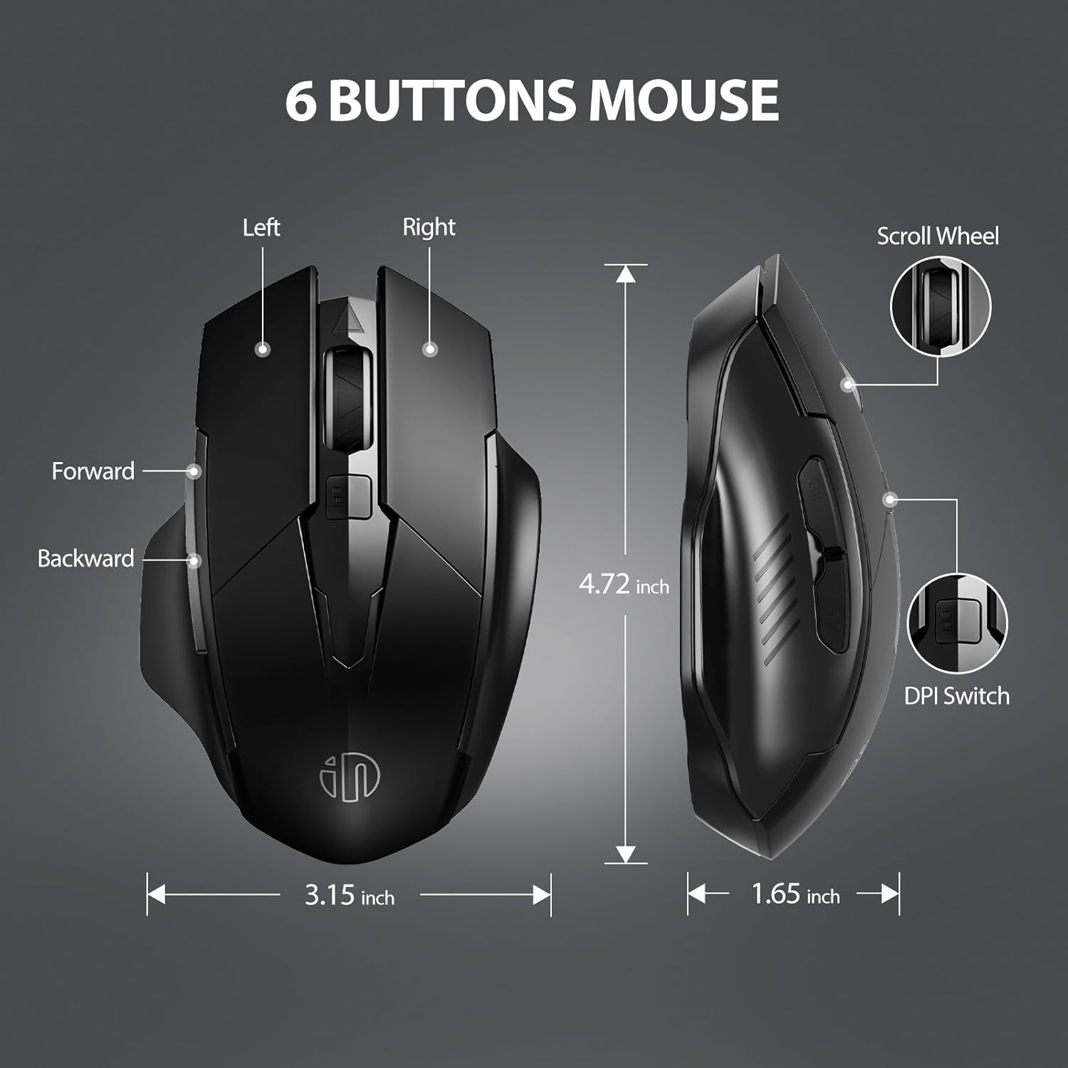 Inphic Mouse Wireless Ricaricabile 2.4G, Nero - immagine 6