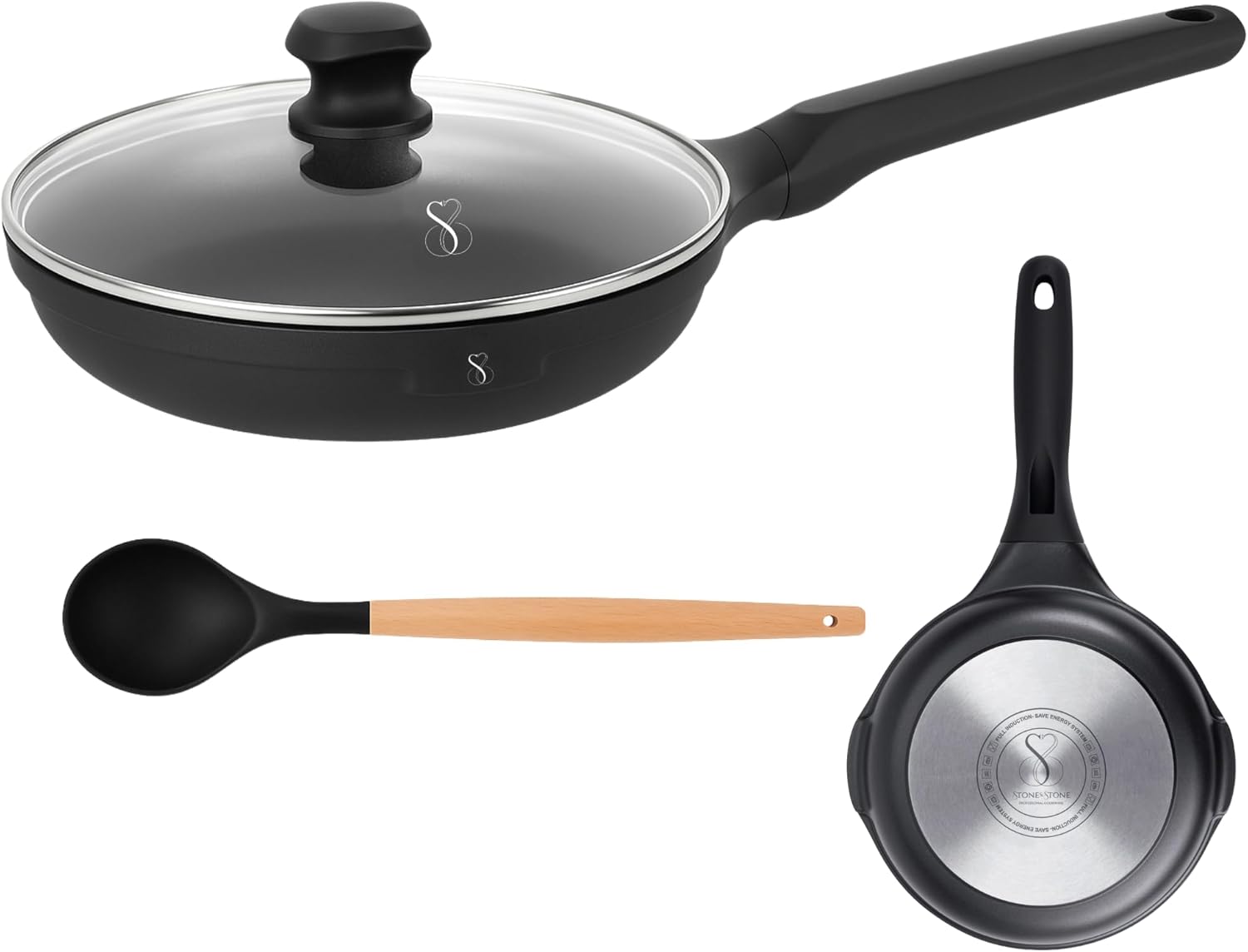 Stone&stone Padella 24cm Antiaderente in Pietra con Coperchio