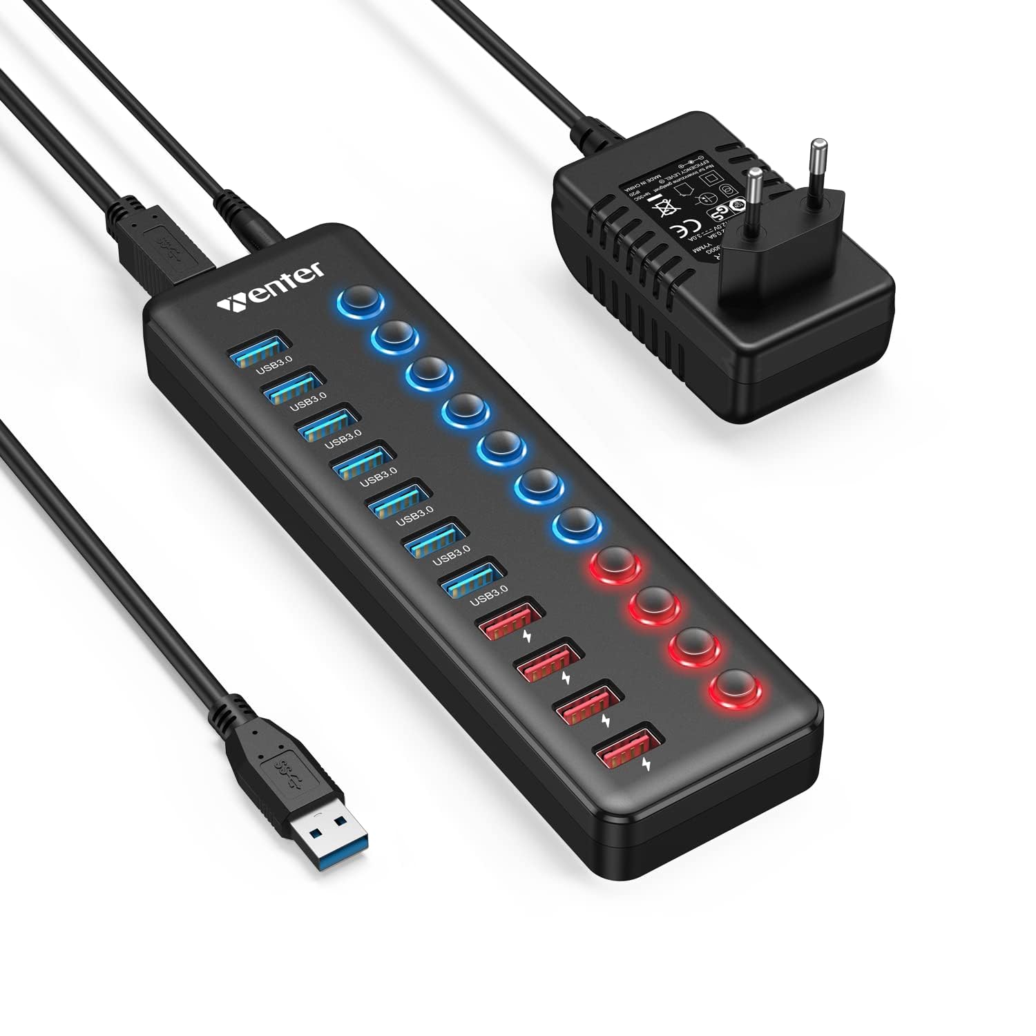Hub USB attivo 3.0 con alimentatore di rete 36 W, ENTER 11 in 1 USB Hub attivo.