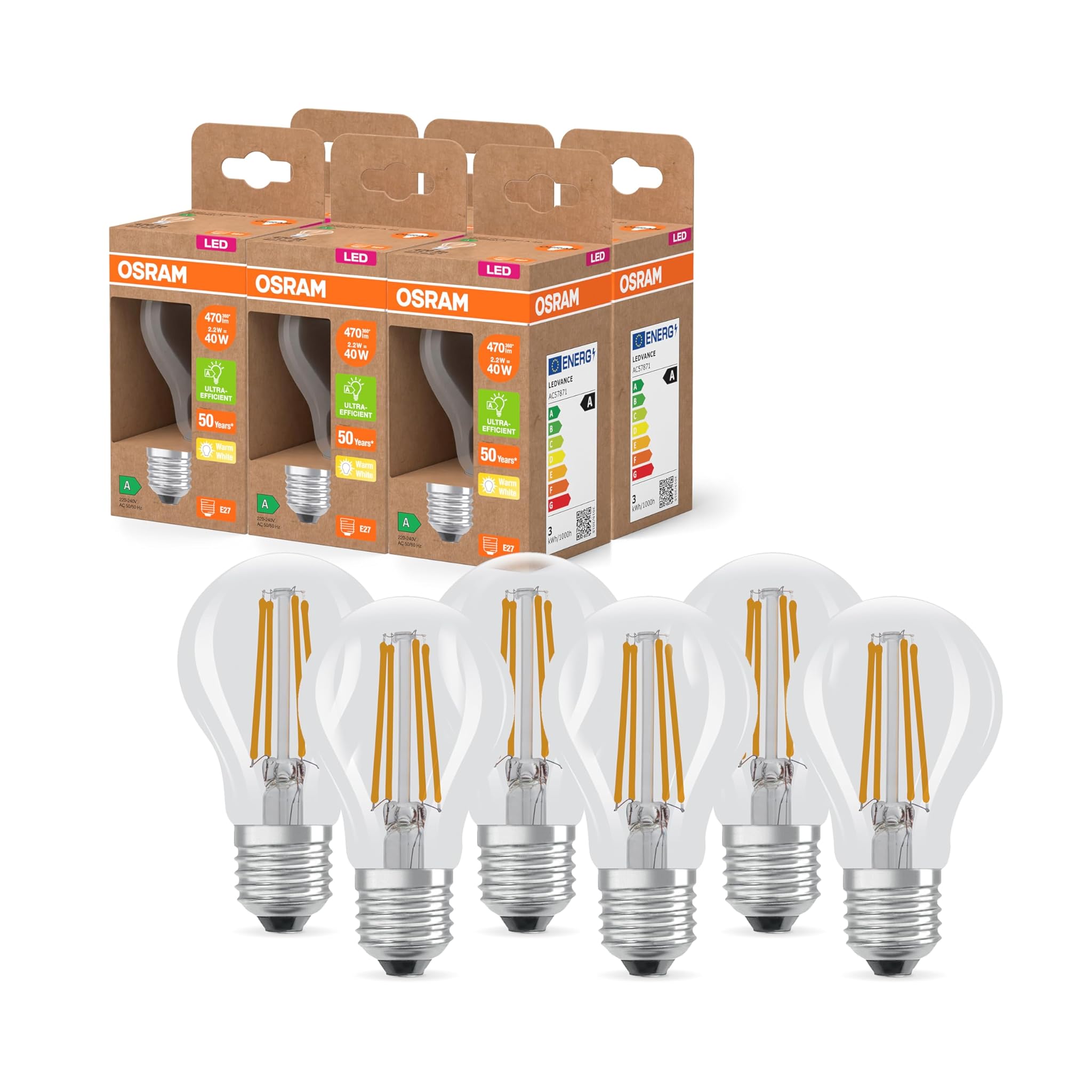 Osram Lampada LED Classic Filamento E27 2,2W (Pacco 6)