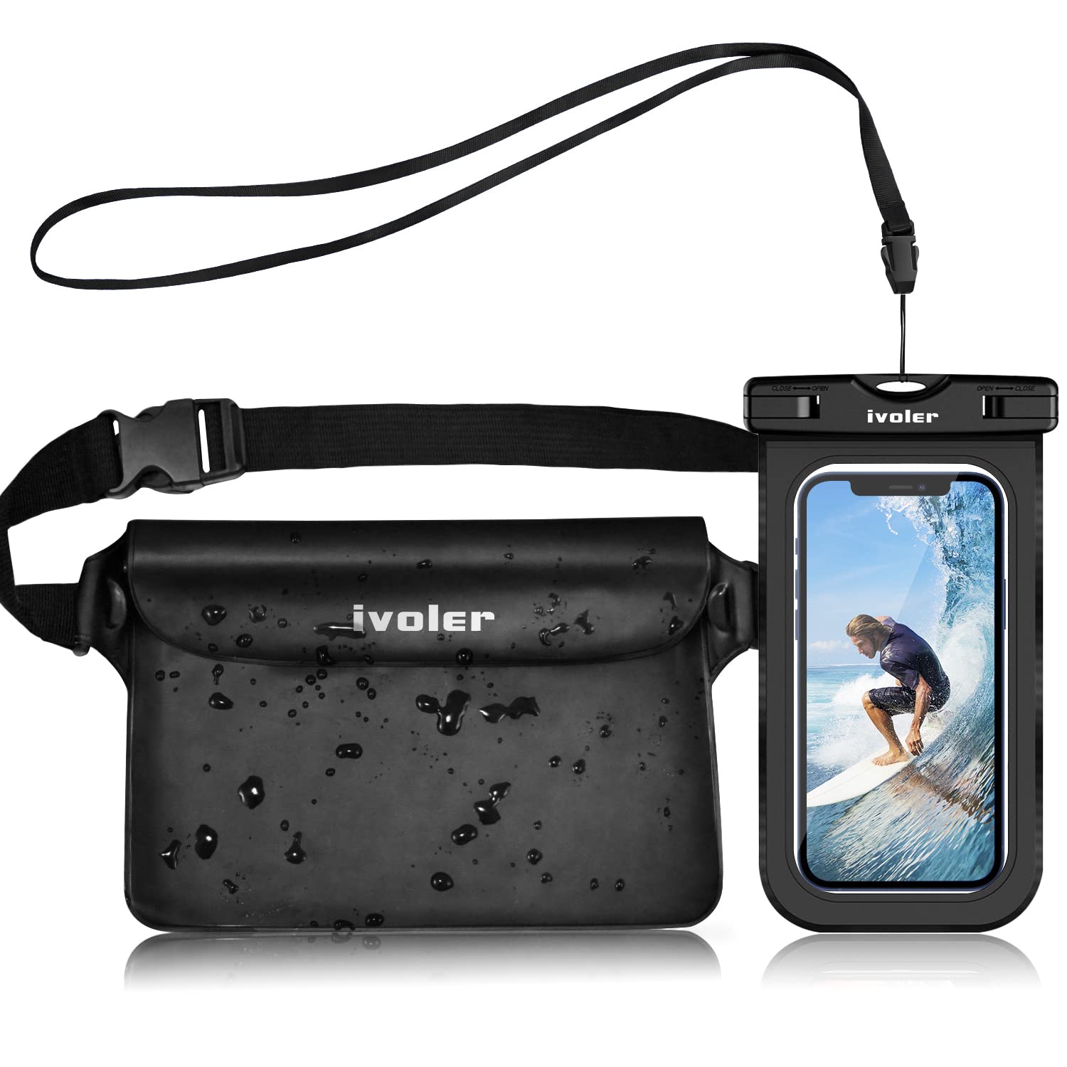 Ivoler Kit Impermeabile con Borsa Marsupio e Custodia Smartphone, Nero