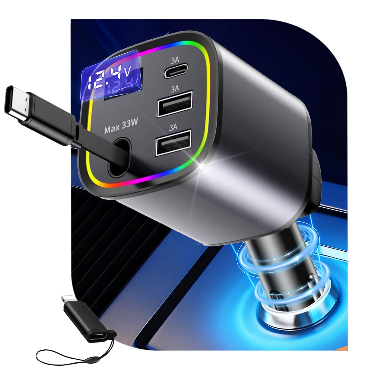 Caricatore Auto USB C 4 in1, AGEMANY 78W Rapido Accendisigari Auto con Cavo Retrattile e Luce RGB, Accendisigari USB Caricatore telefono auto per iPhone Android, Accessori Auto 12V/24V