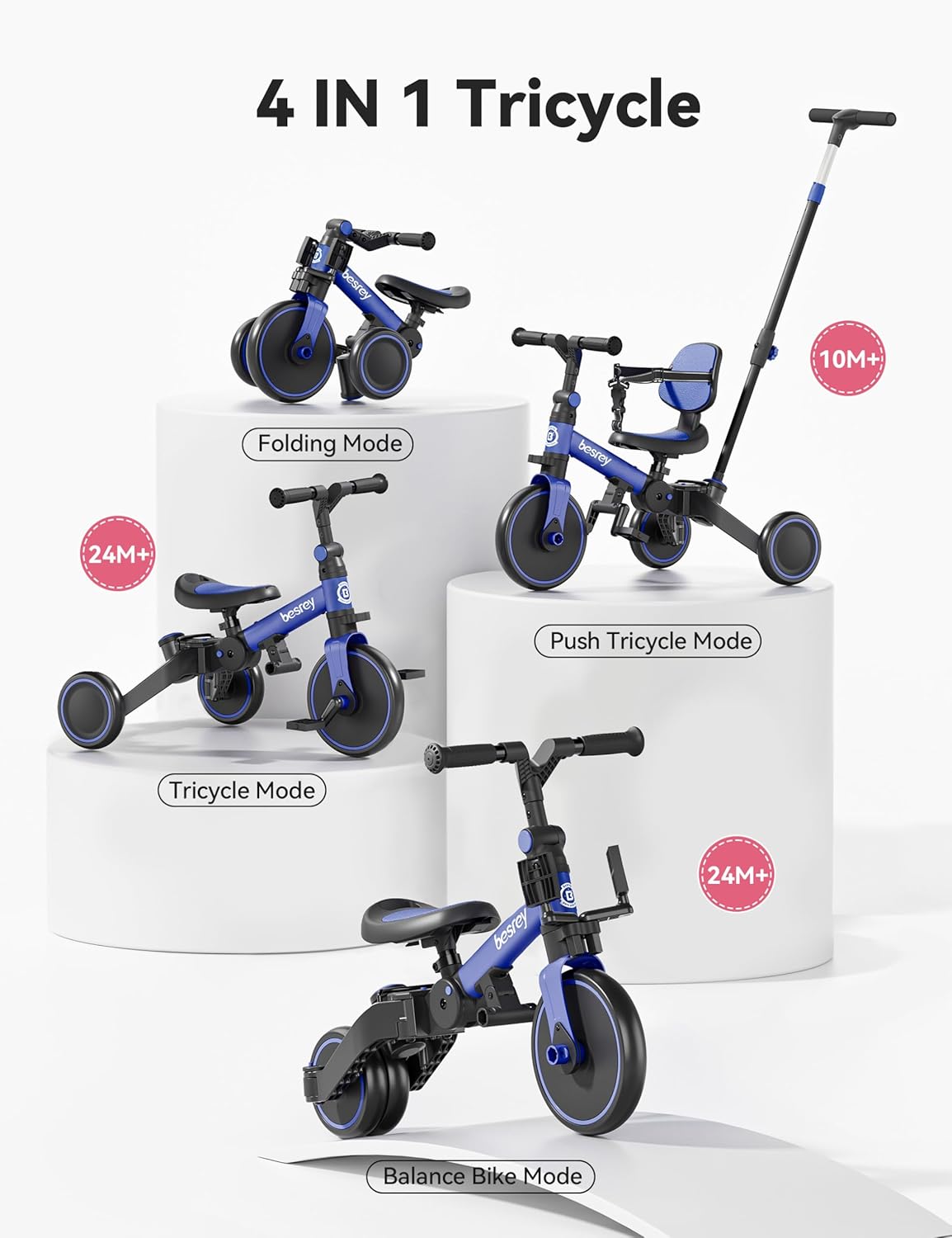 Besrey Triciclo per Bambini 5 in 1 Blu Scuro - immagine 2