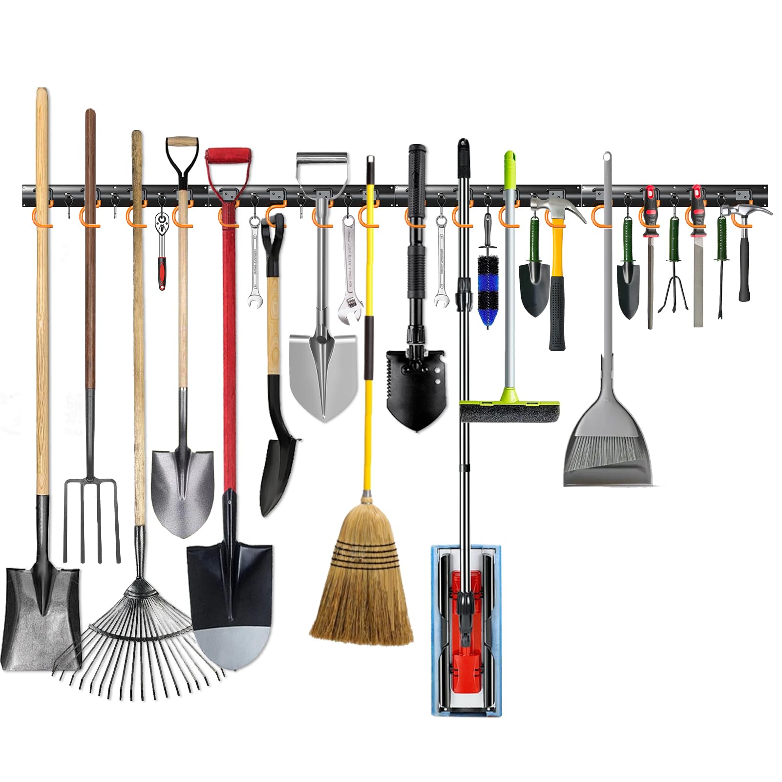 3-H Supporto a parete per attrezzi da giardino 4 x 42 cm in acciaio pieno a carico pesante con ganci rimovibili, porta attrezzi da giardino per garage, casetta da giardino, capanno degli attrezzi