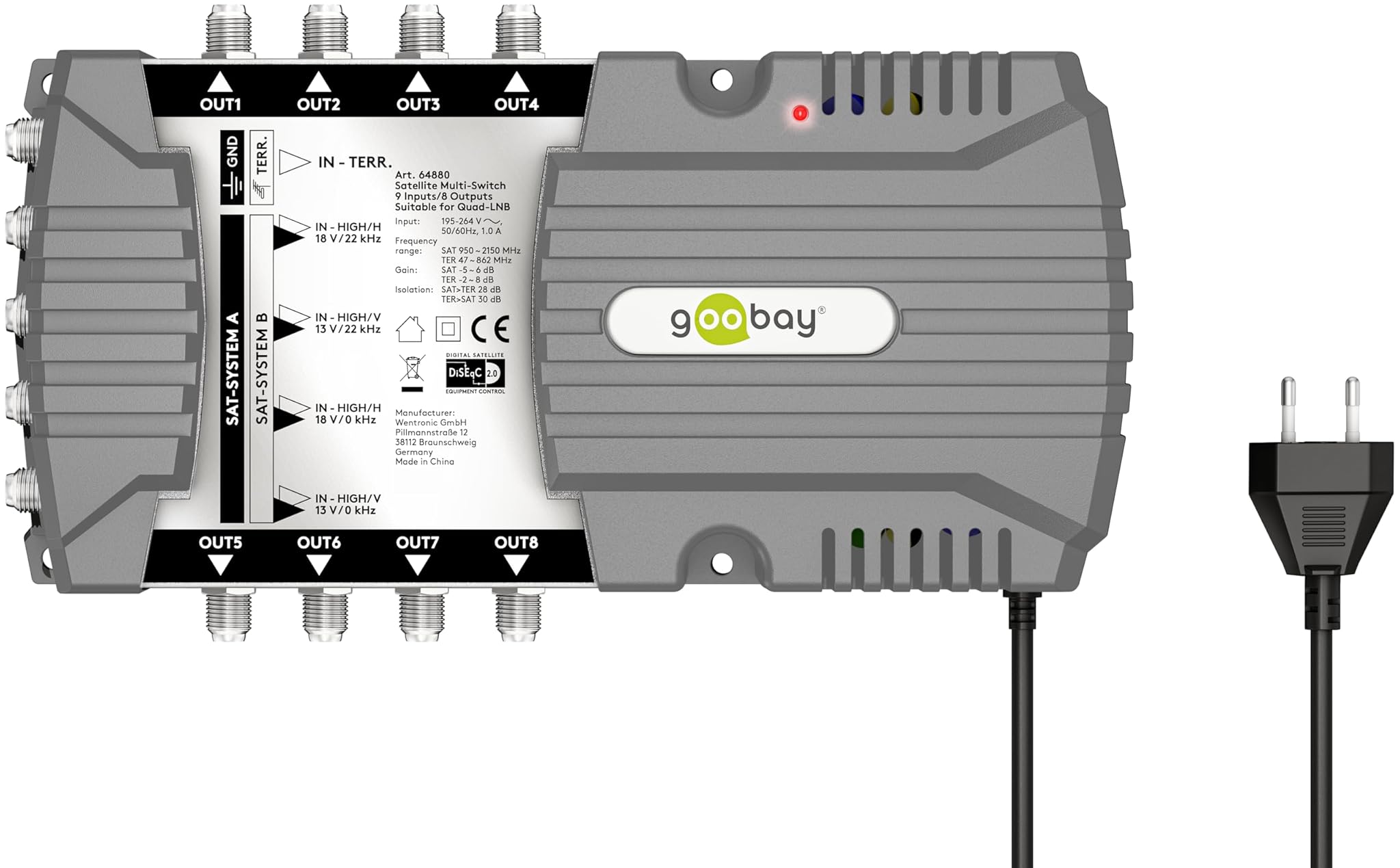 Goobay 64880 - Multiswitch Satellitare 9 Ingressi, 8 Uscite