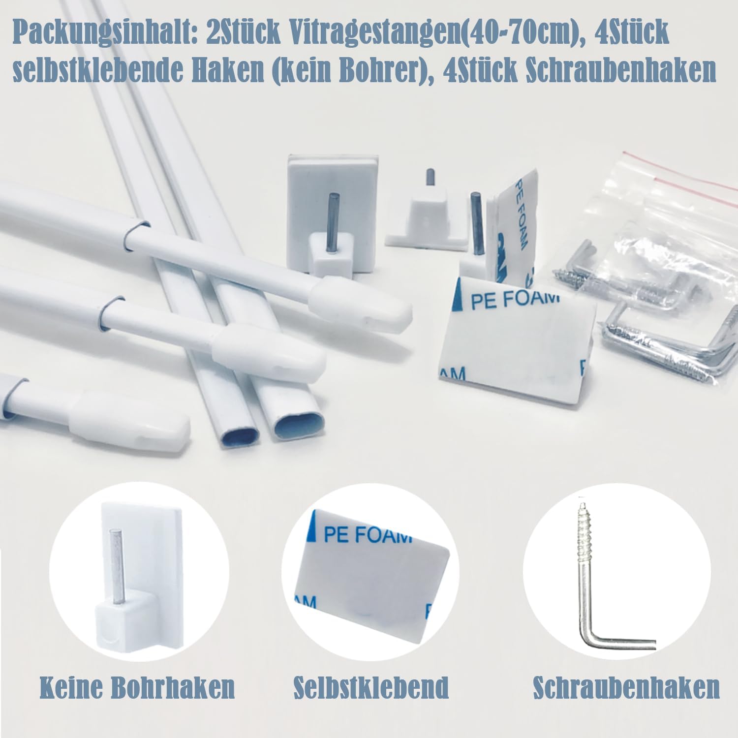 Set 2 Bastoni per Tende a Vetro Estensibili 40-70CM, Bianco - immagine 2