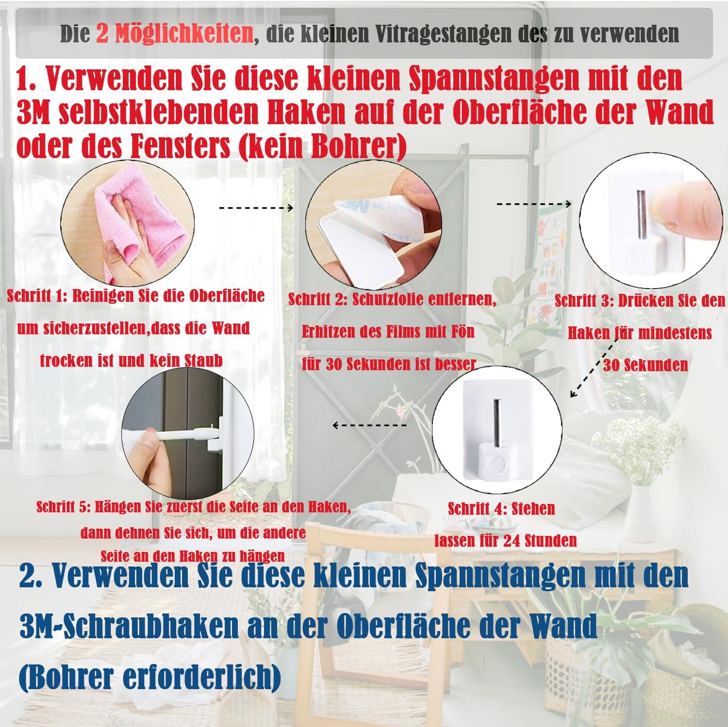 Set 2 Bastoni per Tende a Vetro Estensibili 40-70CM, Bianco - immagine 5