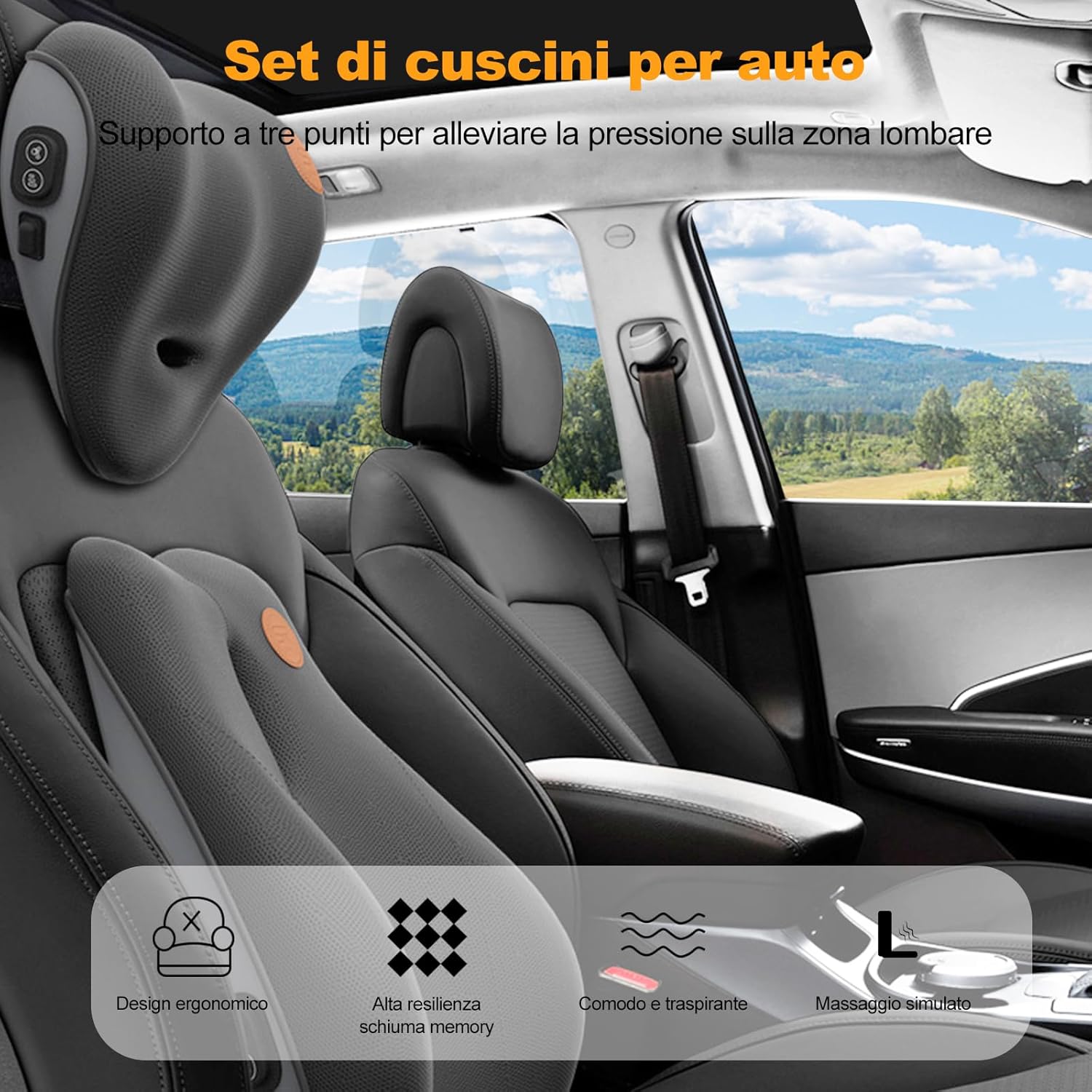 Ergocar Cuscino Lombare e Collo Memory Foam, Nero-Massaggio - immagine 4