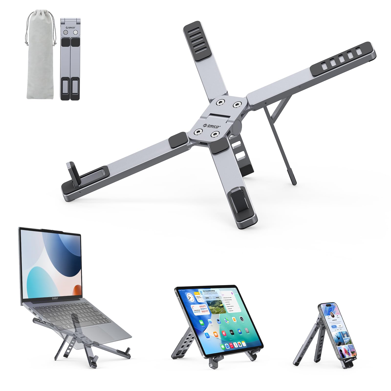 ORICO Supporto PC Portatile per Viaggio & Scrivania, Alluminio Leggero Pieghevole 3 in 1 per Laptop, Tablet & Telefono, 5 Altezze Regolabili, per MacBook/HP/Dell/iPad/iPhone fino a 17" – PN1, Grigio
