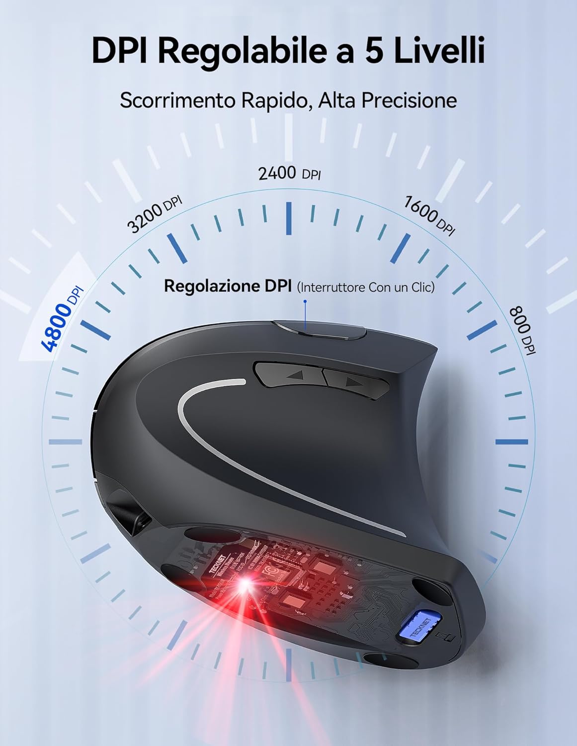 Tecknet Mouse Verticale Wireless Ricaricabile 4800 DPI, Nero - immagine 3