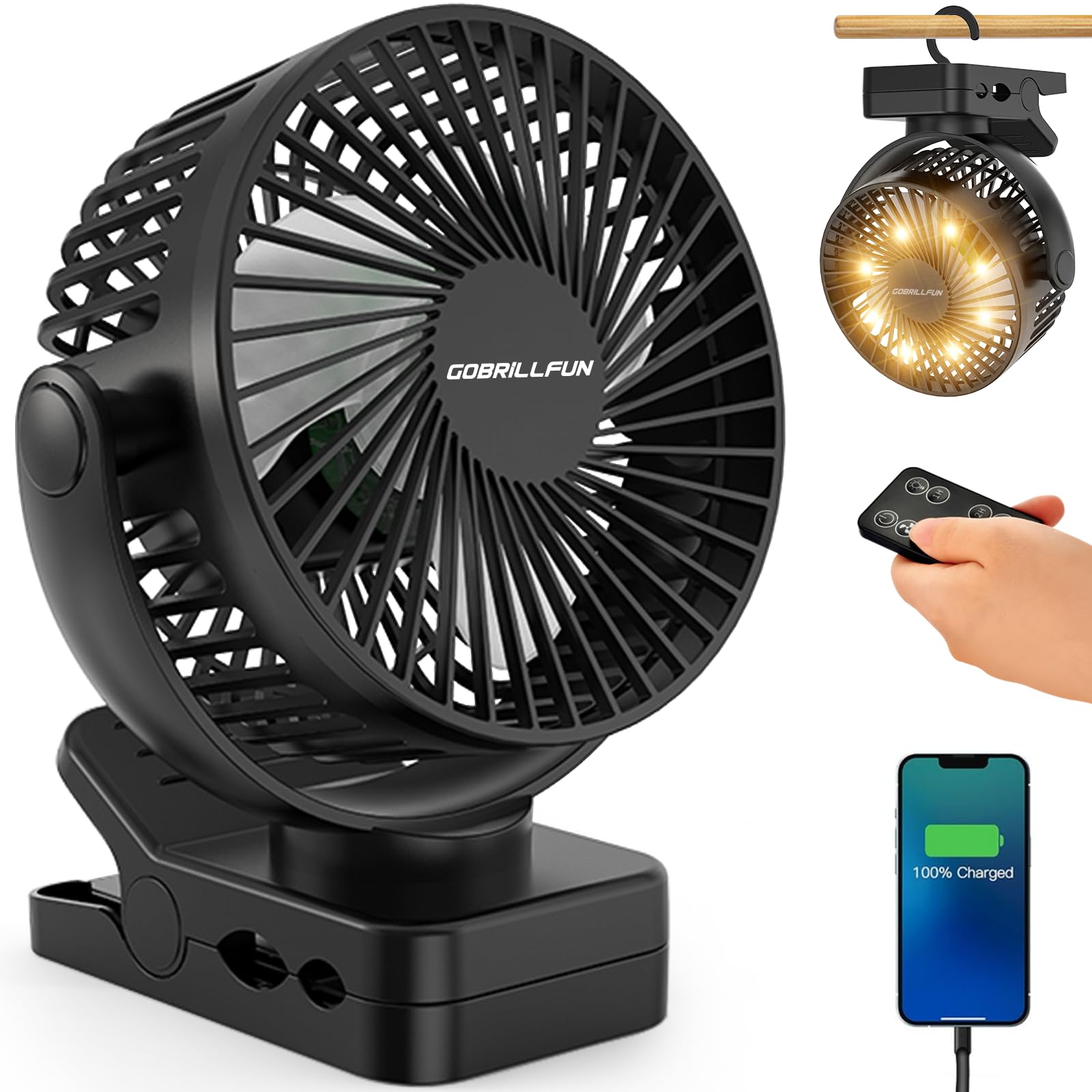 Gobrillfun Ventilatore a Clip 6" 12000 mAh, Nero