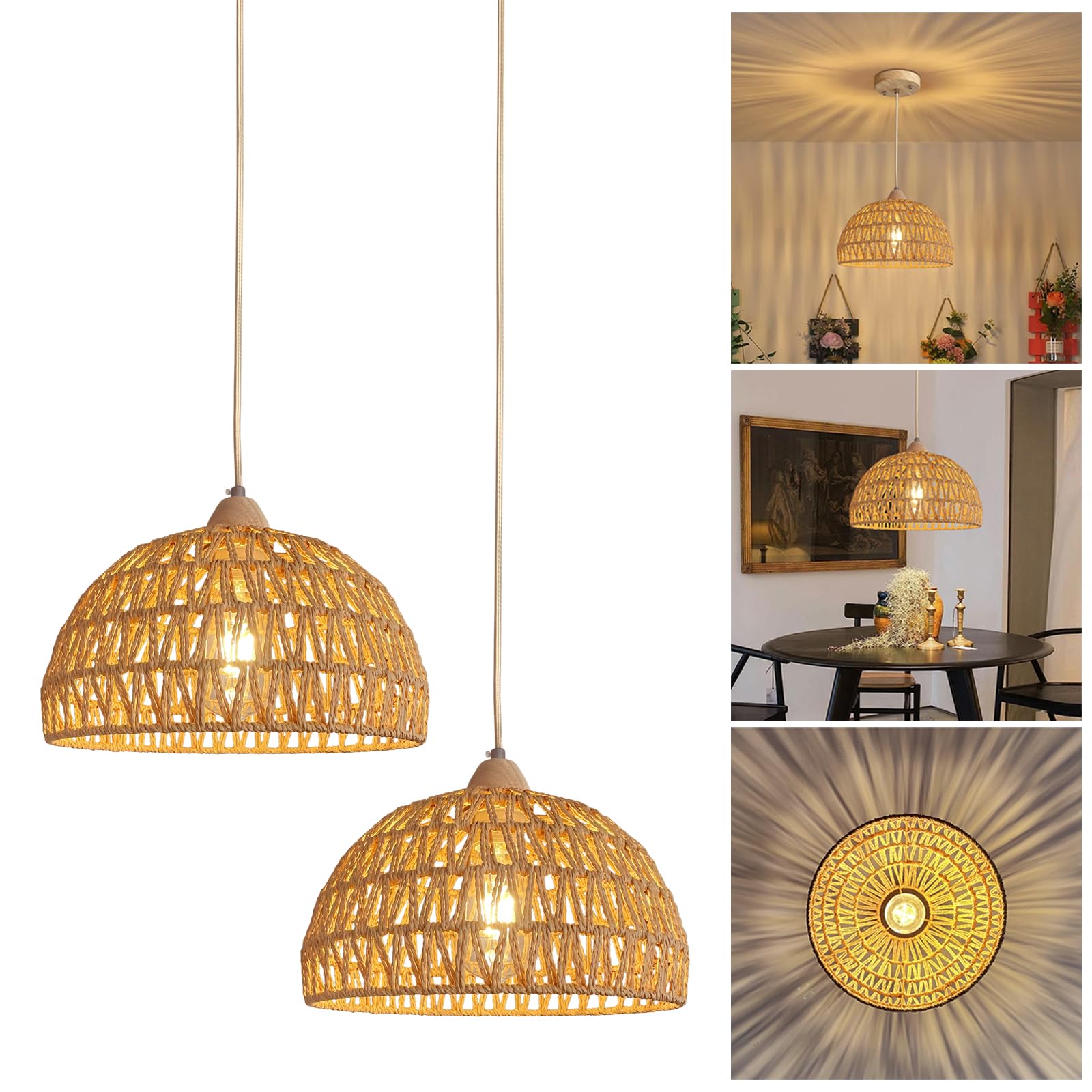 YNDD 2 Pezzi Lampadario Rattan Vintage Boho Ø 30 cm