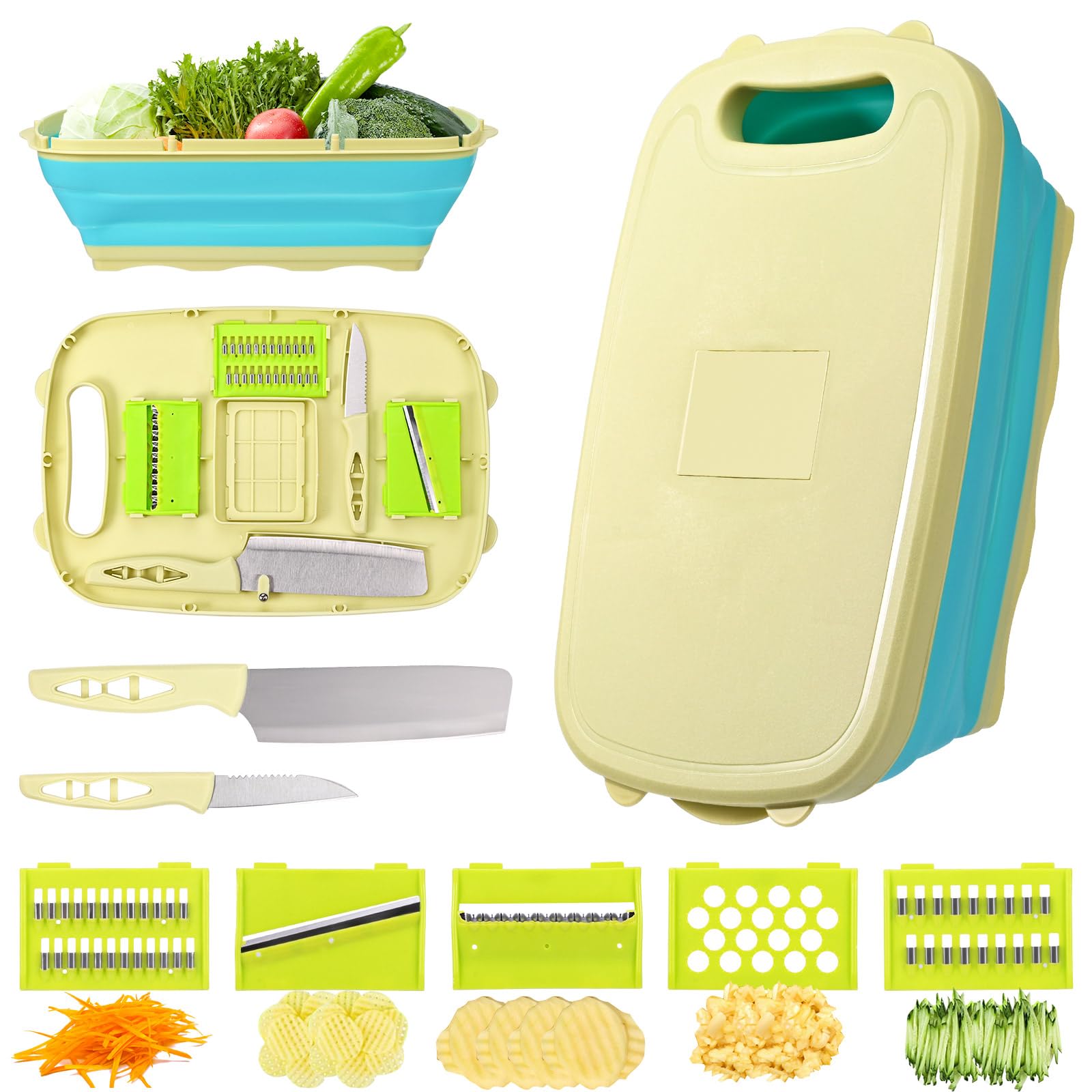 Tagliere multifunzione da cucina, tagliere pieghevole 9 in 1 con cestello di scarico e 5 lame e 2 coltelli,tagliere pieghevole,cucina accessori utili x la casa