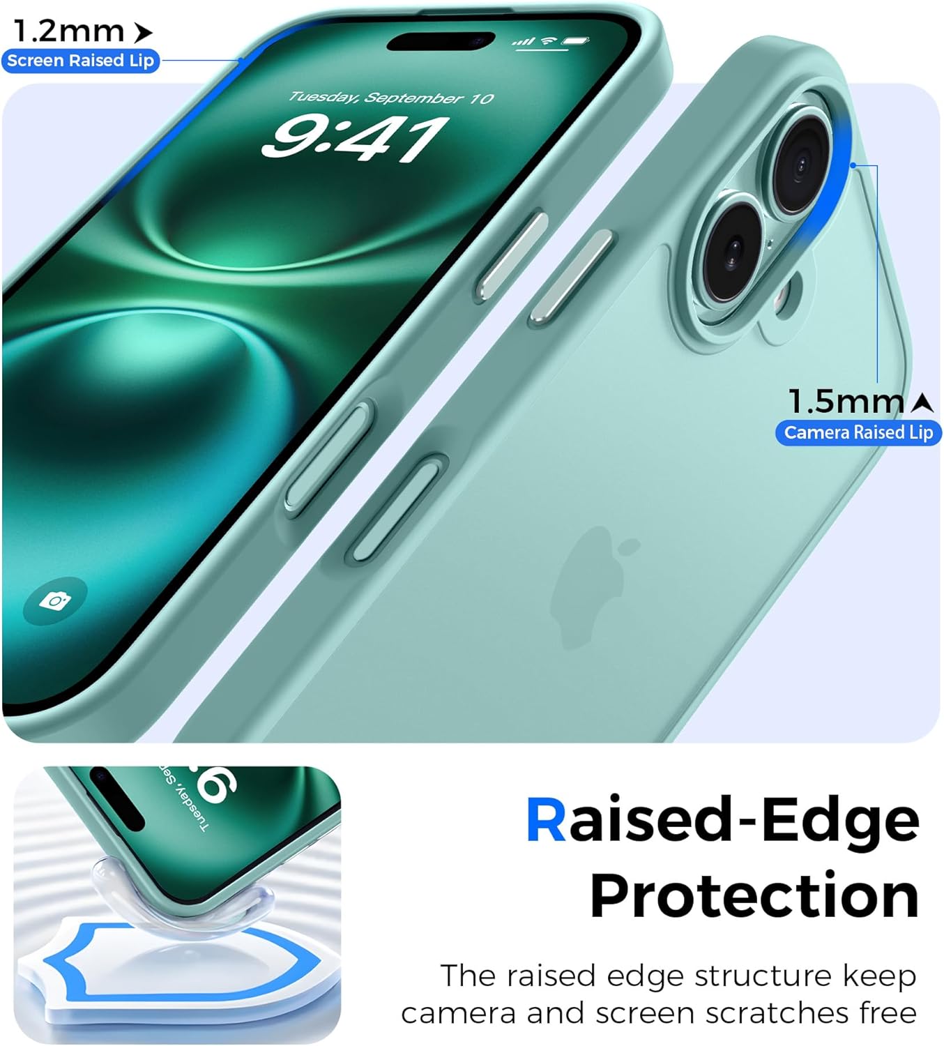 Natiiozie Cover Opaca per iPhone 16, Verde Acqua - immagine 5