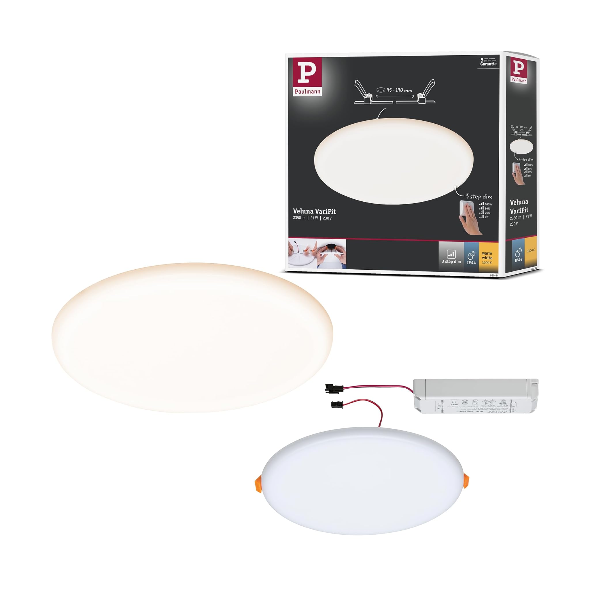 Pauleen Paulmann 93064 Pannello LED Lampada da Incasso Veluna VariFit IP44 dimmerabile su 3 Livelli 215mm Tondo 1x21 Watt plafoniera Satinato plastica 3000 K 21 W, Chrome Matt, Ø