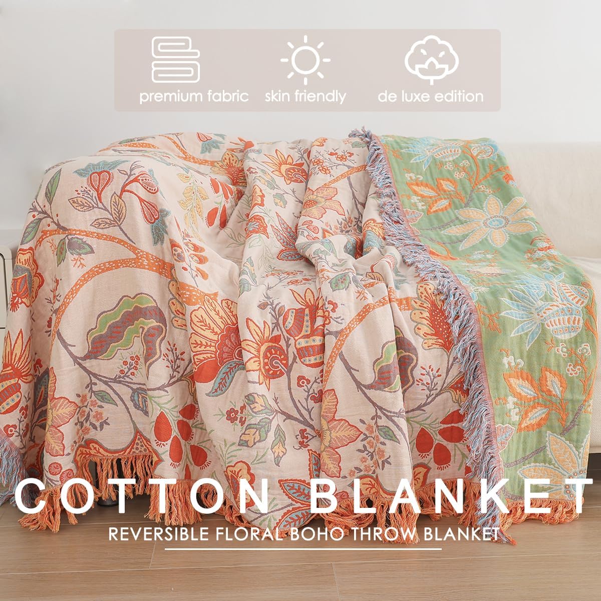 Wotcsil Plaid Coperta Boho Floreale in Cotone 200x230cm - immagine 2