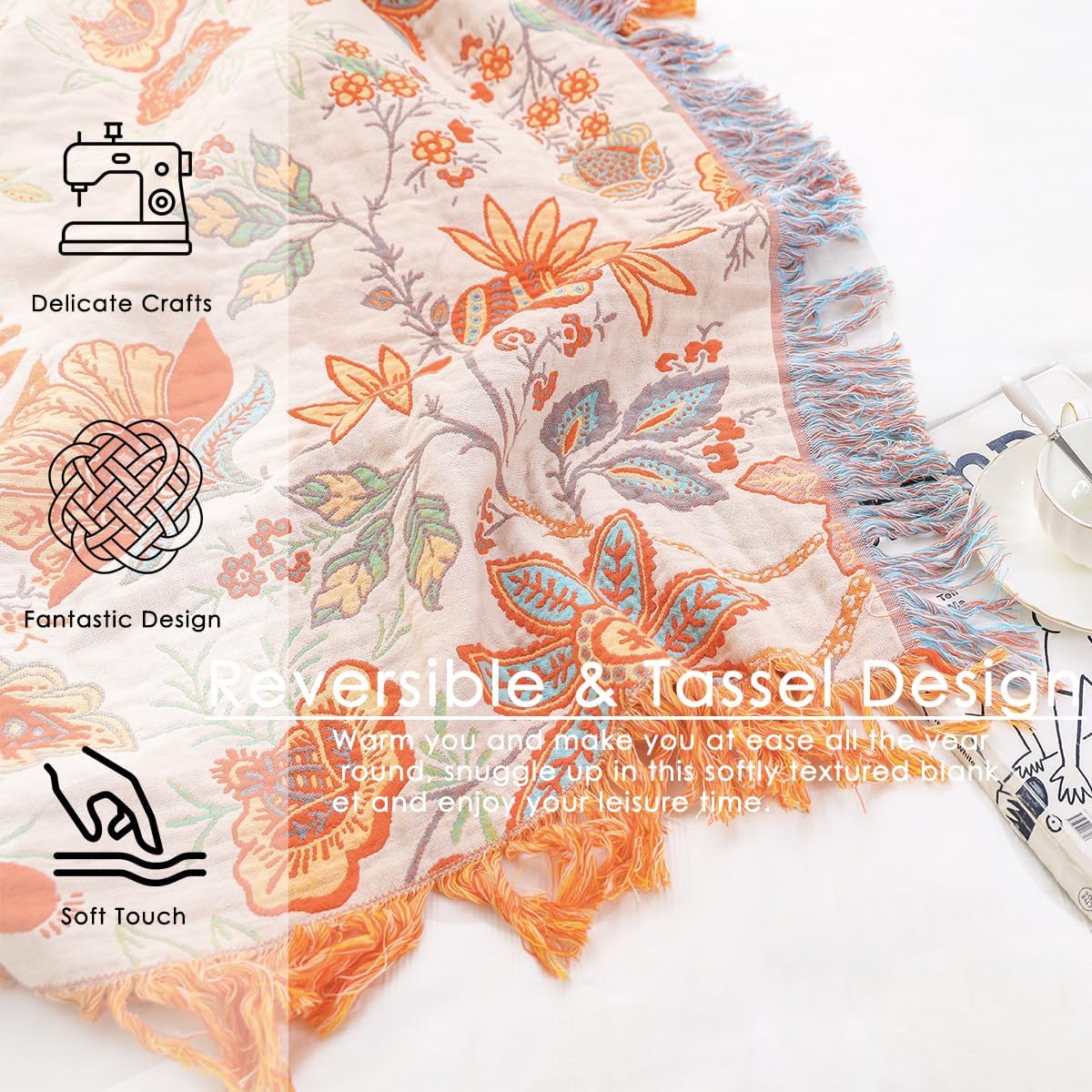 Wotcsil Plaid Coperta Boho Floreale in Cotone 200x230cm - immagine 4