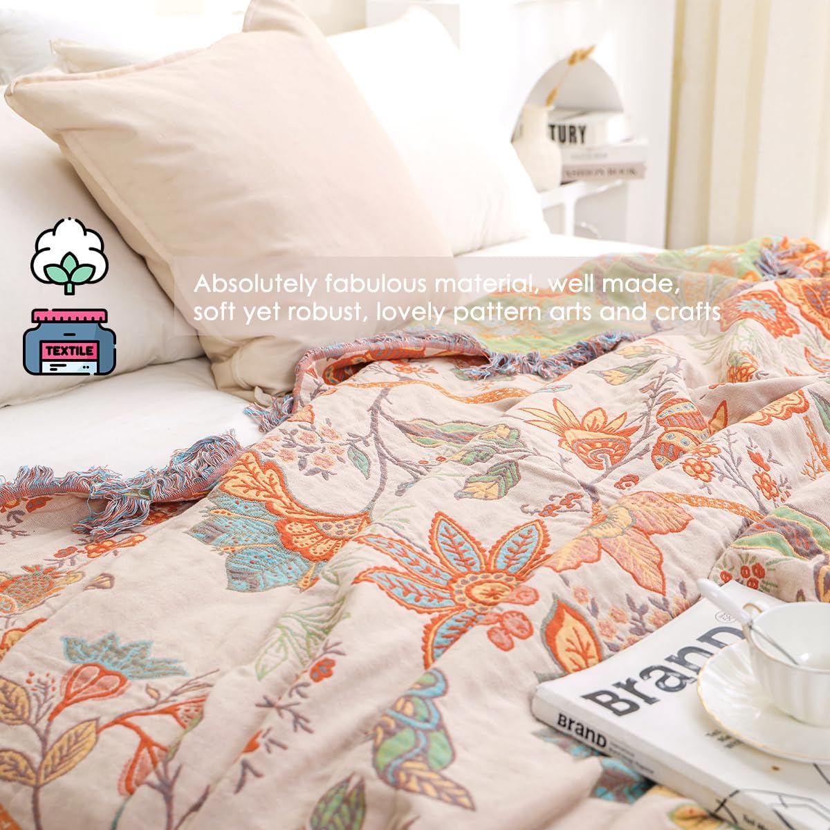 Wotcsil Plaid Coperta Boho Floreale in Cotone 200x230cm - immagine 5