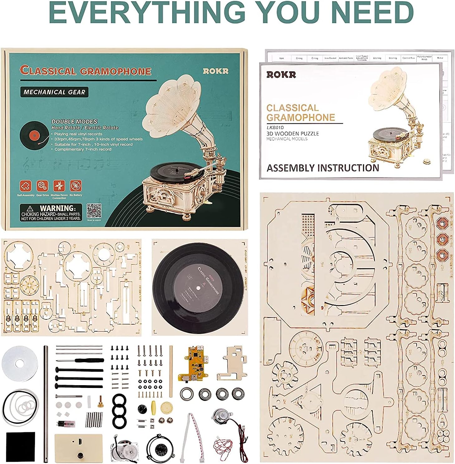 Rokr Puzzle 3D Legno Grammofono Classico LKB01D - immagine 4