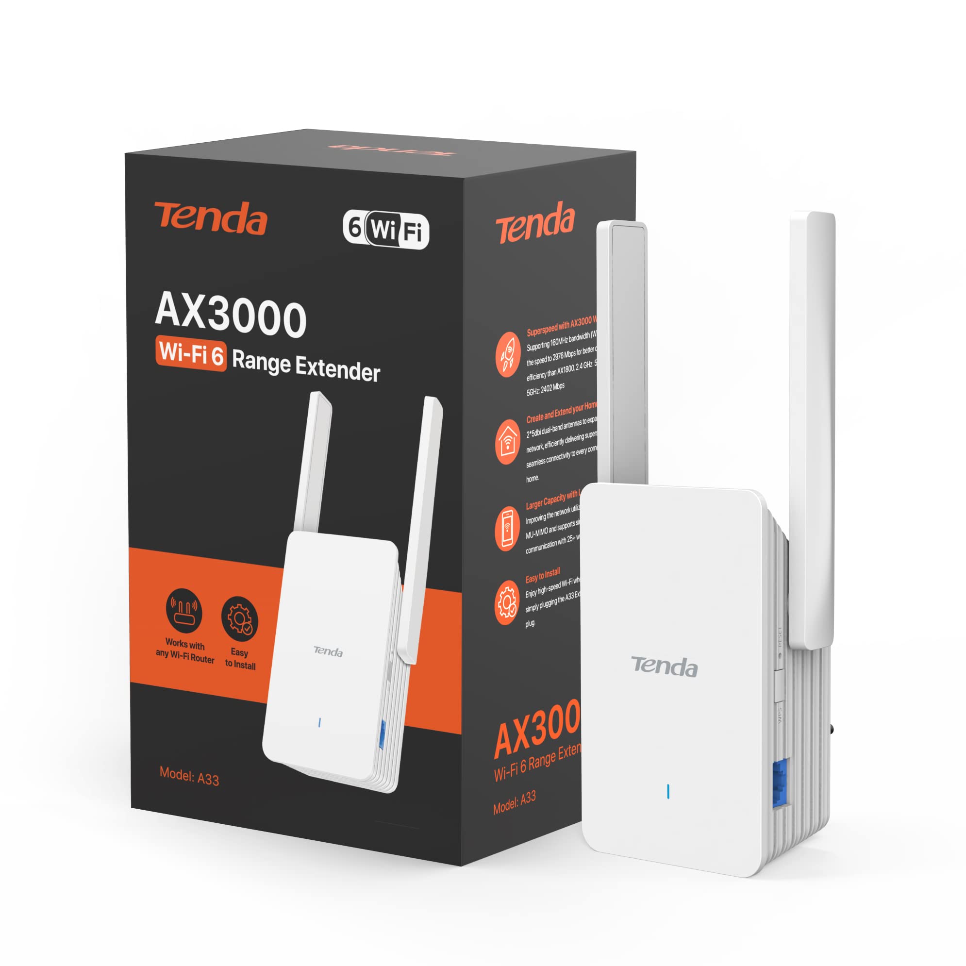 Tenda A33 Repeater WiFi 6 AX3000 Dual Band Gigabit