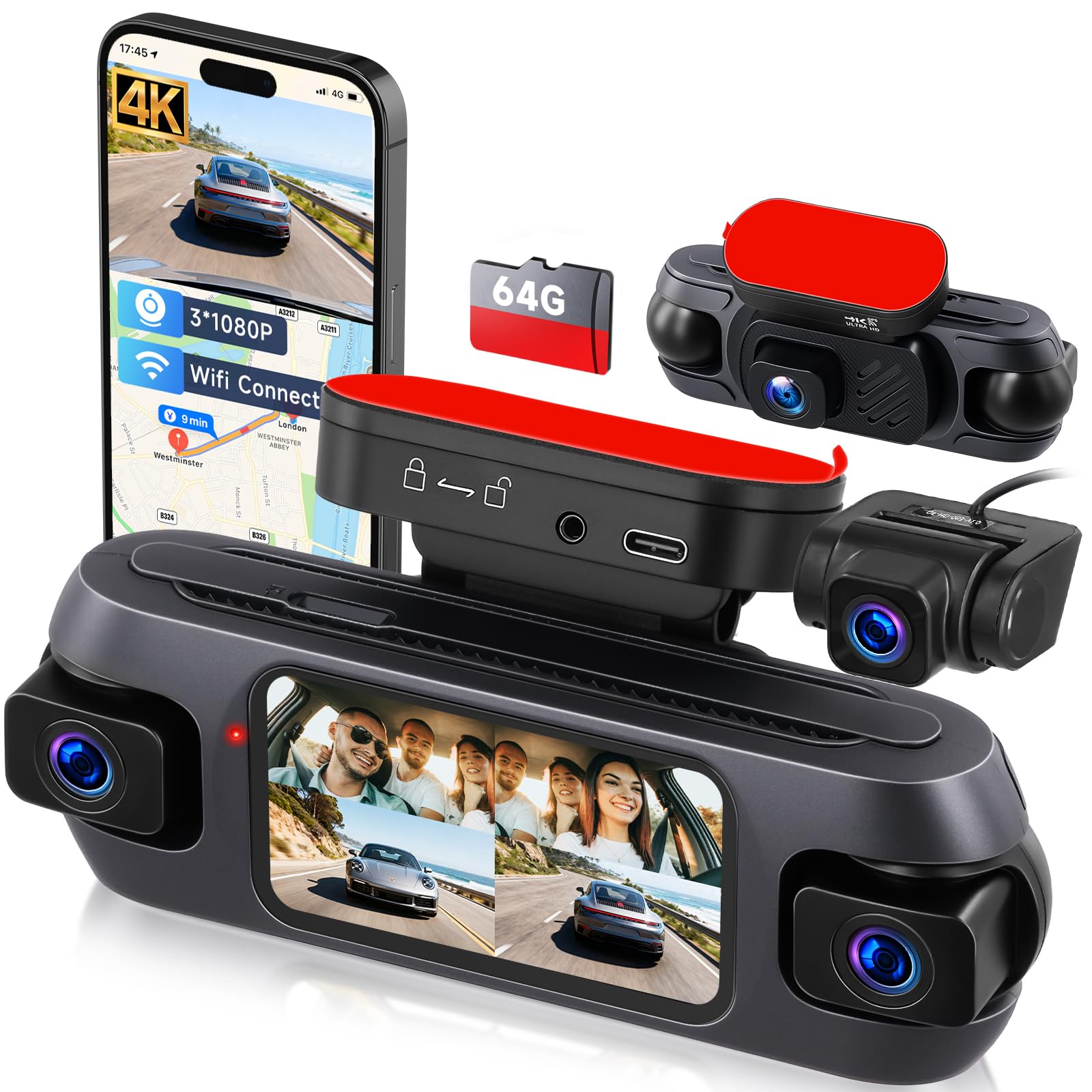 Hodozzy 4K 4 Canali Dashcam Auto con Controllo WIFI e App