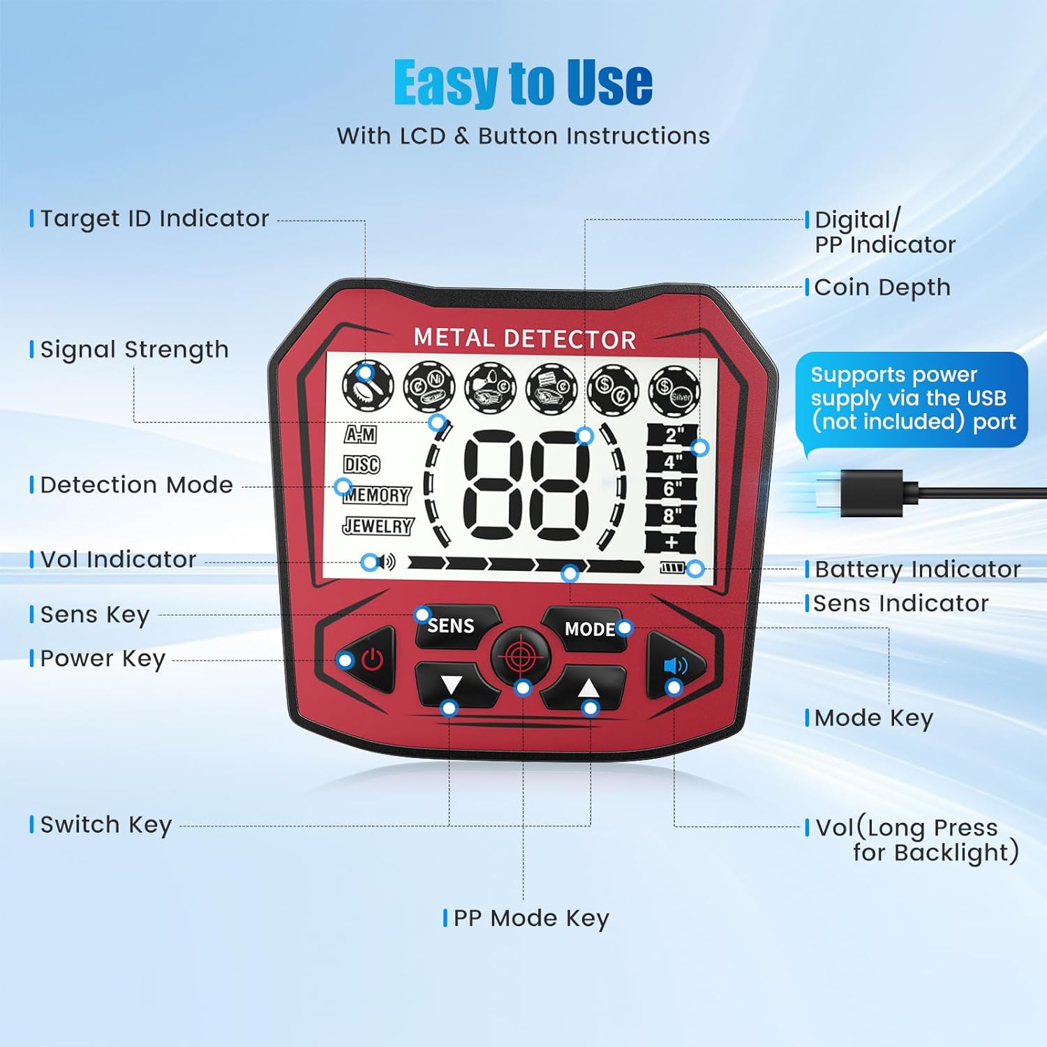 Metal Detector Professionale IP68, Rosso - immagine 3