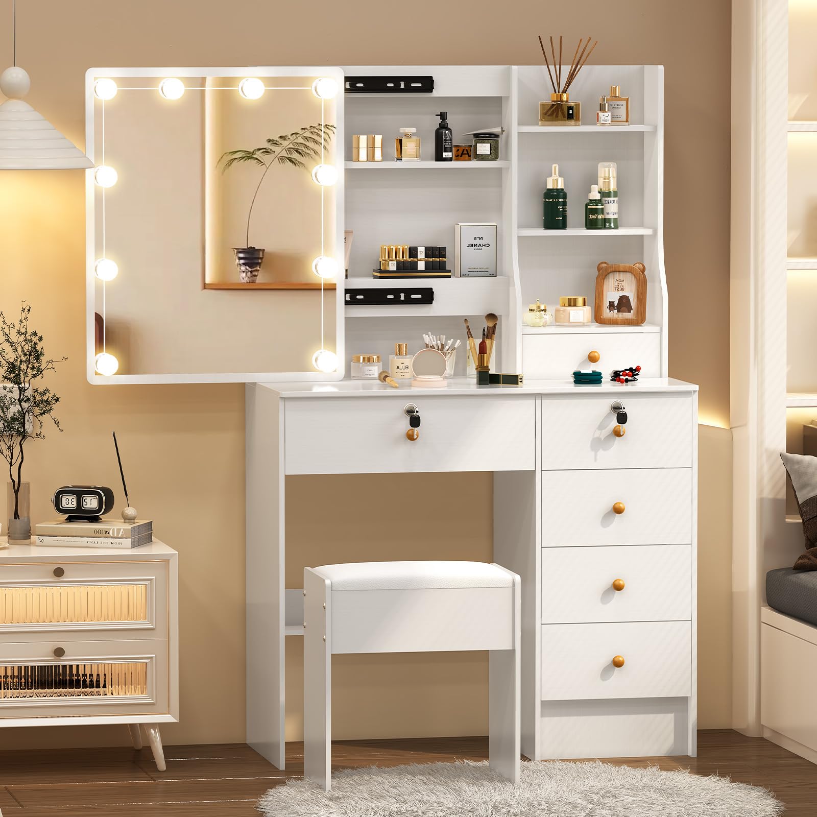 Toeletta da Trucco con Specchio Scorrevole e Sgabello, Bianco
