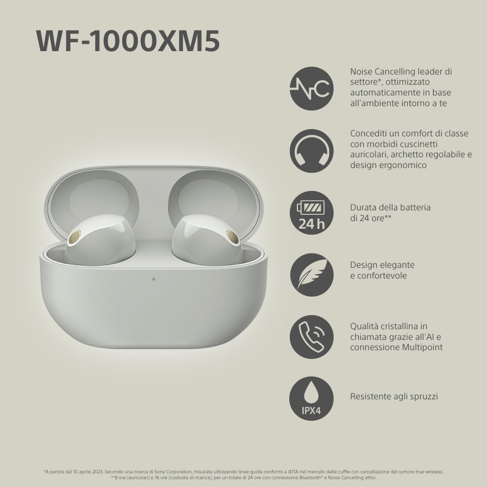 Sony WF-1000XM5 Cuffie Wireless Noise Cancelling, Grigio - immagine 7