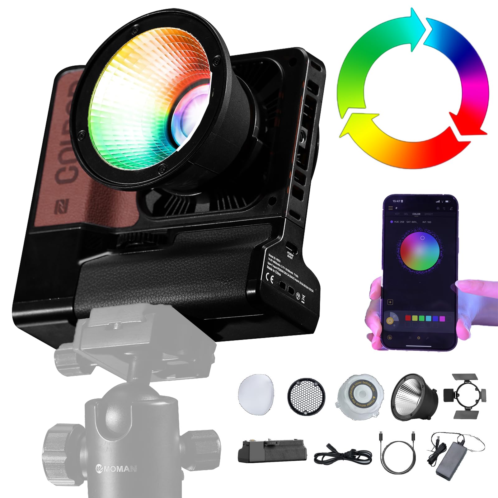 COLBOR W100R RGB, luce video RGB, luce da 100 W, controllo 2,4 G/app, luce fissa da studio CRI 97 +, riduzione del rumore, ventola integrata per disattivare la pellicola Bowens Mount (con scatola
