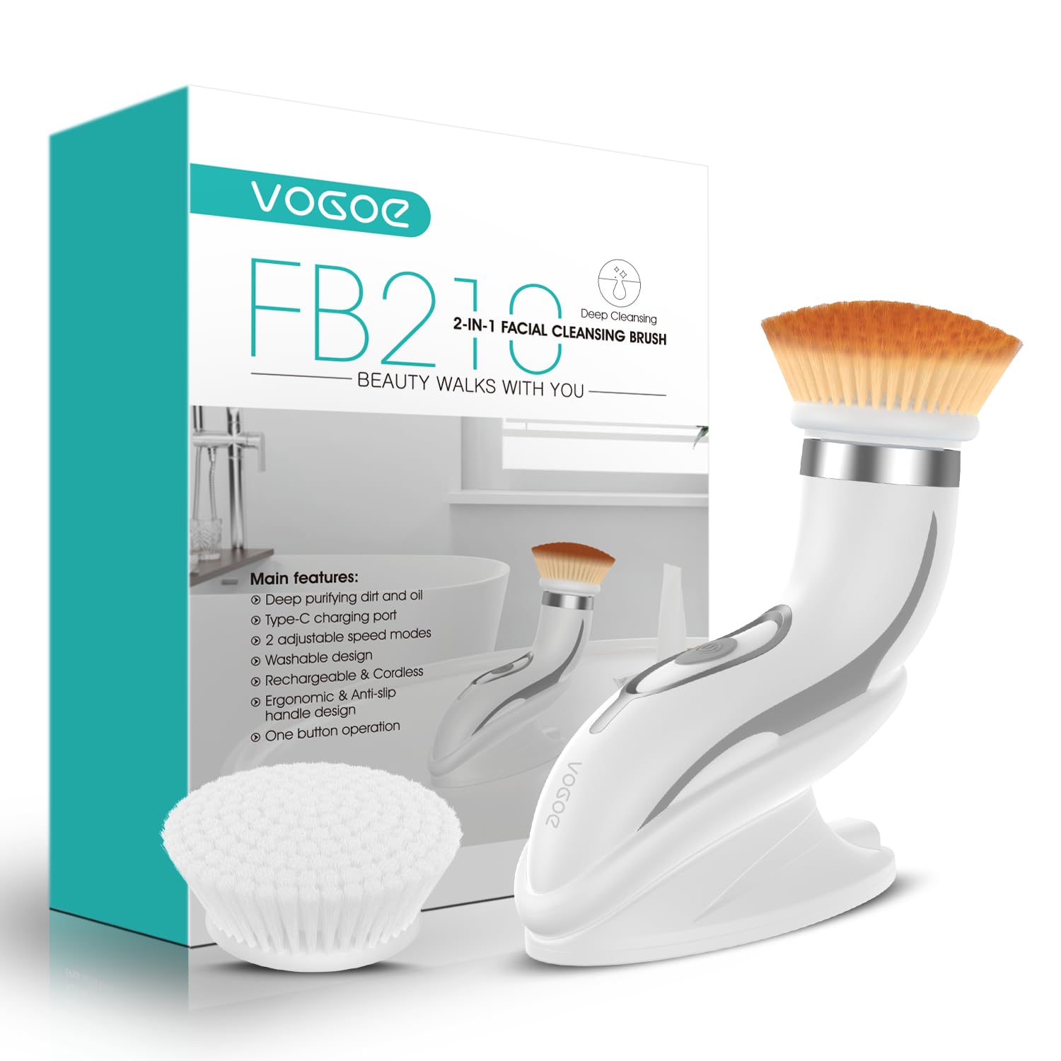 Spazzola Pulizia Viso Elettrica, Ricaricabile Spazzole per Viso IPX6 Impermeabile, Rotante Massaggiatore Viso con 2 Velocità e 2 Testine per Pelle Esfoliante Delicato Donna FB210 (Grigio)