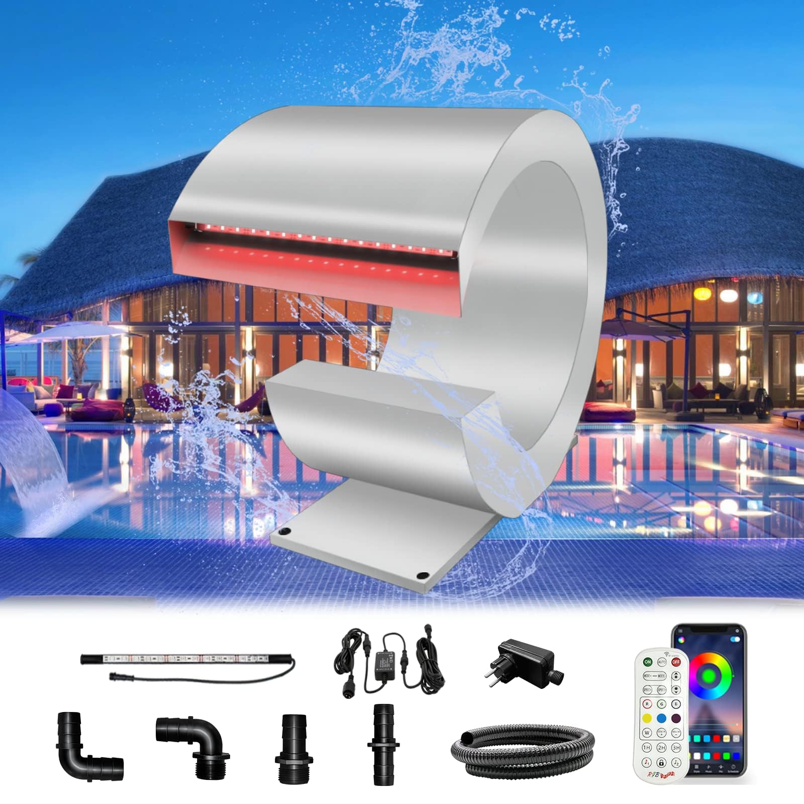 Longrun Fontana a J per Piscina in Acciaio Inox con LED