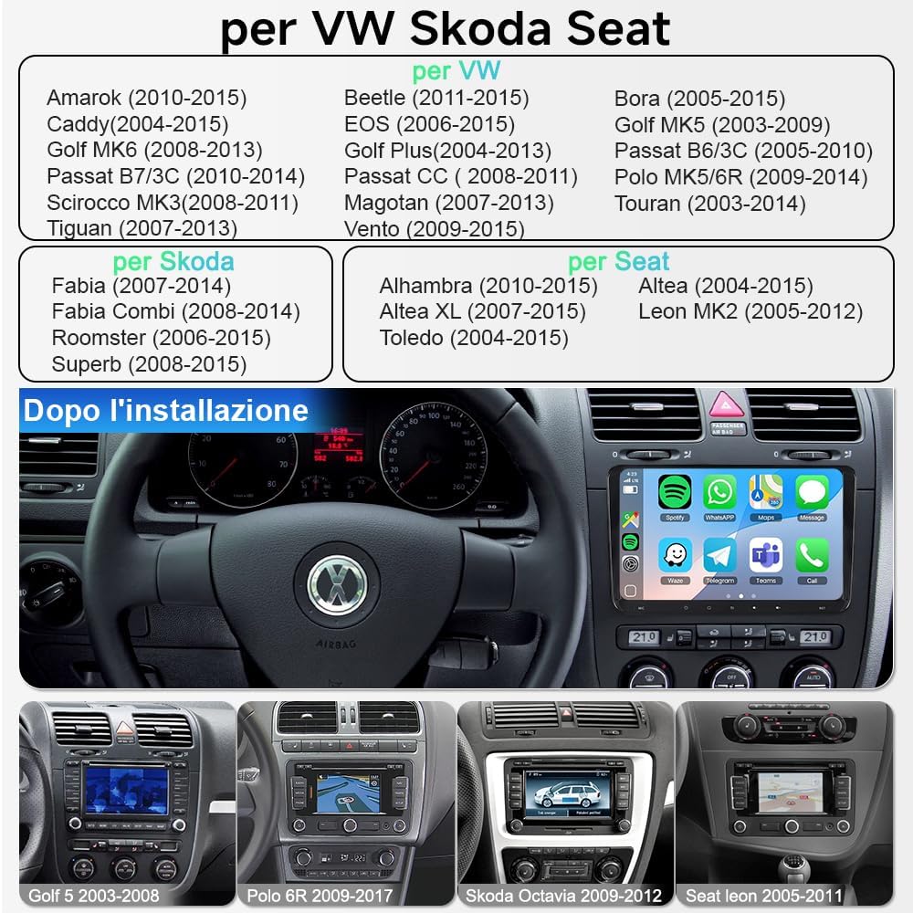 Autoradio Android 15 9" IPS per VW Golf 5 6 Passat Polo - immagine 2