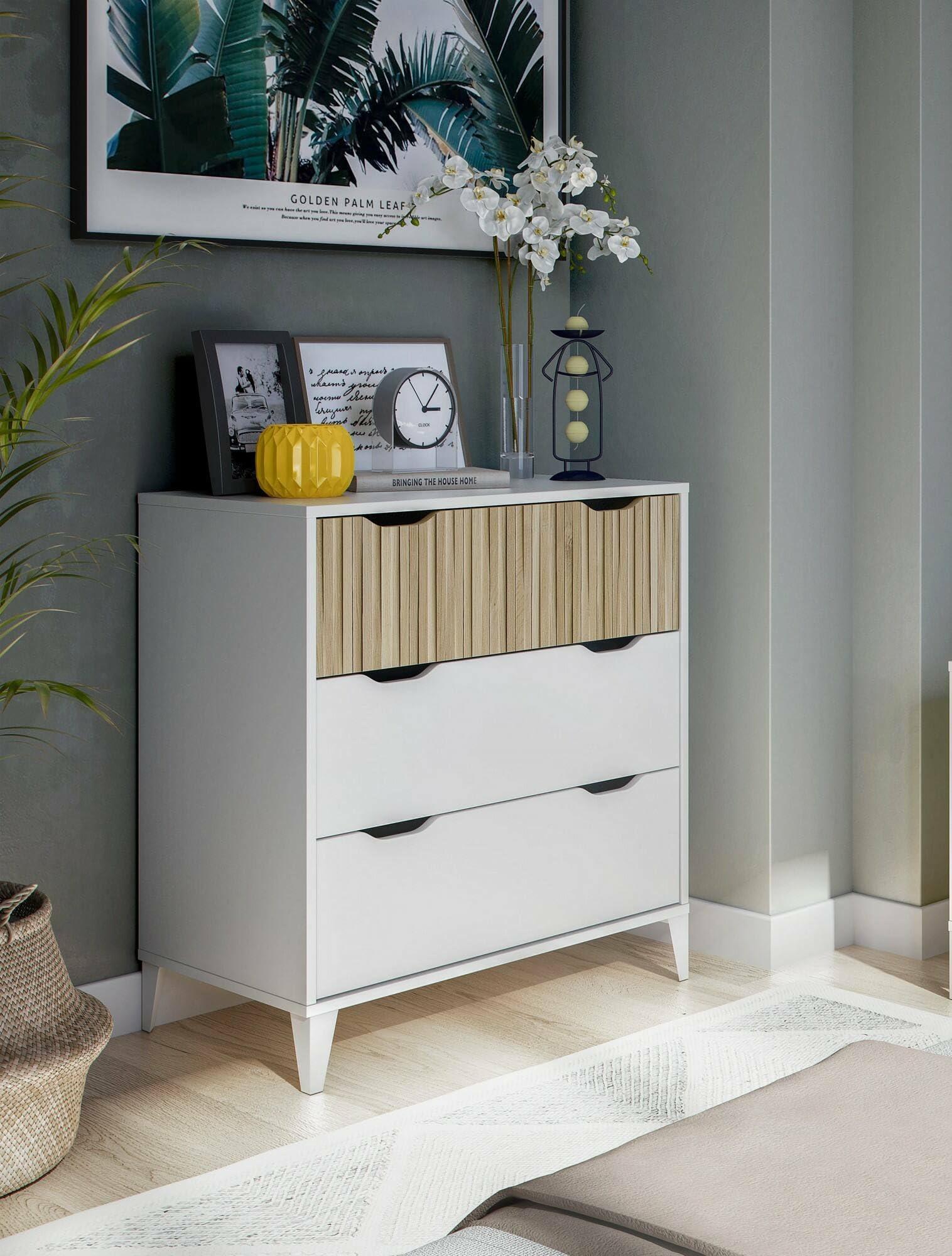 Dmora Cassettiera Gromore, Bianco e Rovere