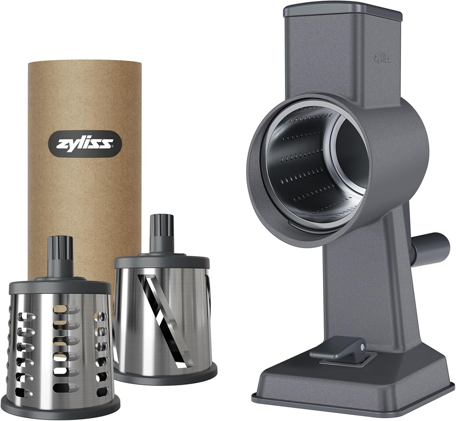 Zyliss Grattugia rotante per formaggio, in alluminio, con 3 lame in acciaio, per formaggio, verdura, cioccolato, noci e frutta, con manico, piede a ventosa antiscivolo e morsetto da tavolo