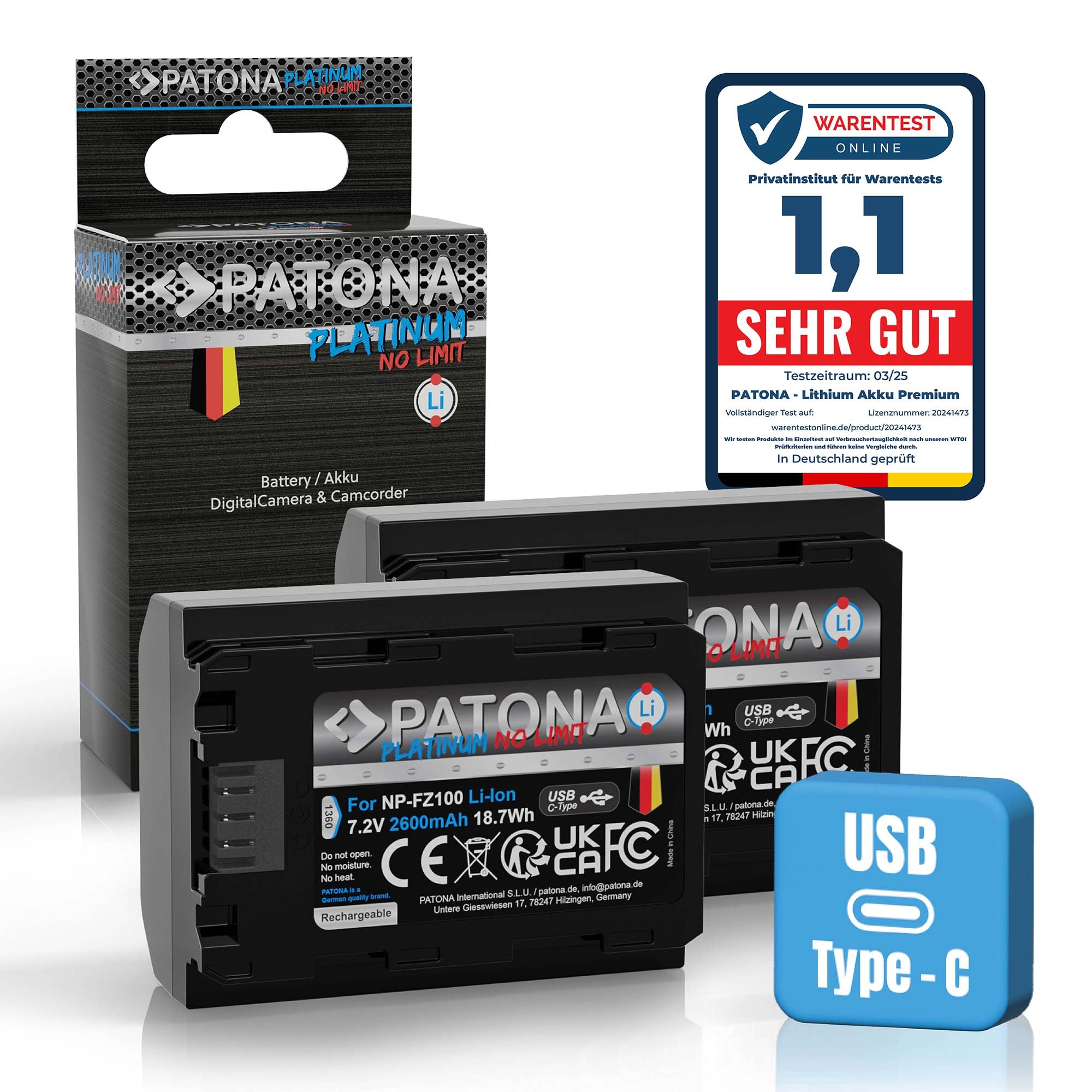 Patona 2x PLATINUM USB-C Batteria NP-FZ100 2600mAh