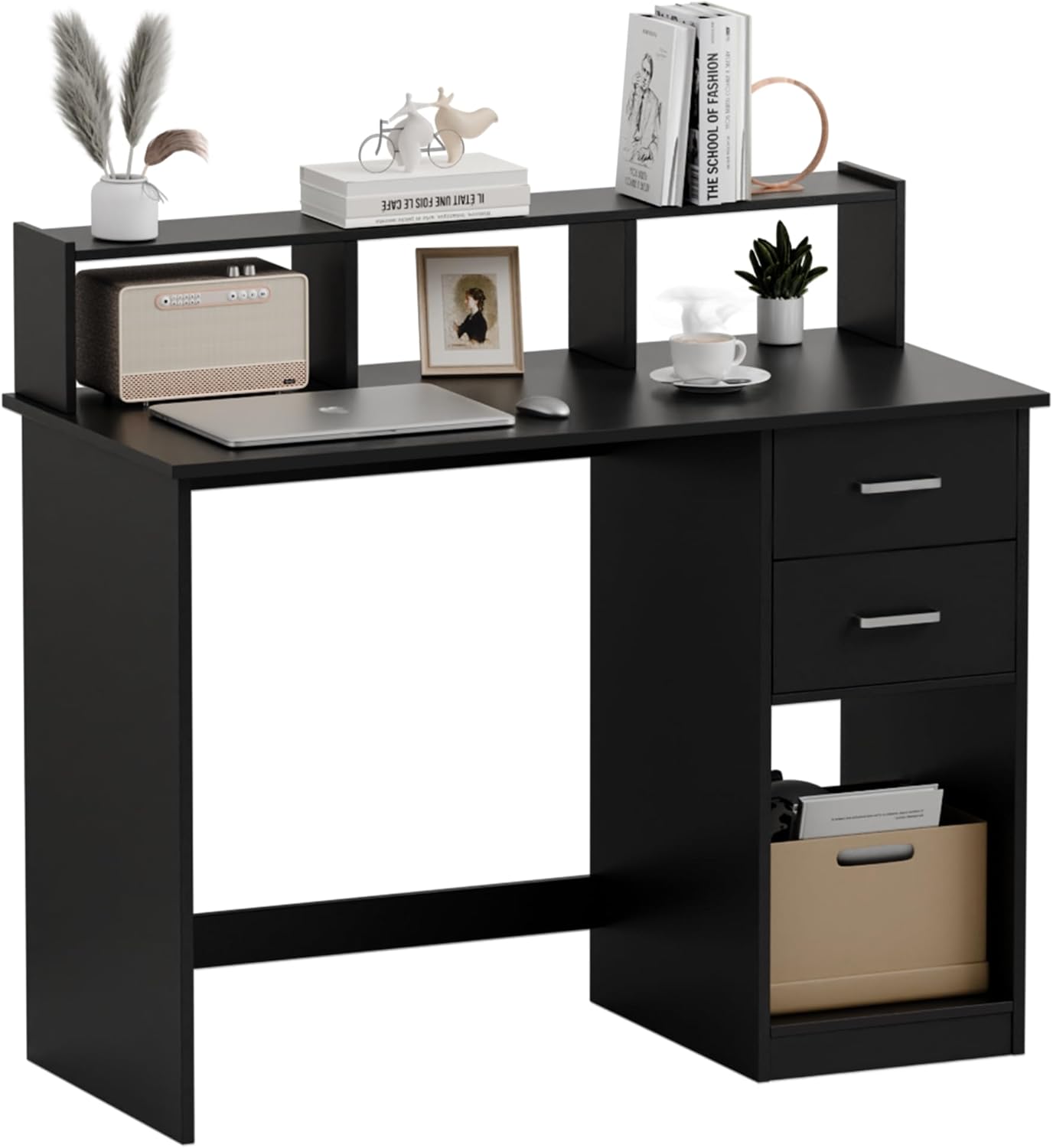 Mondeer Scrivania Computer con 2 Cassetti e Ripiani, Nero - immagine 1