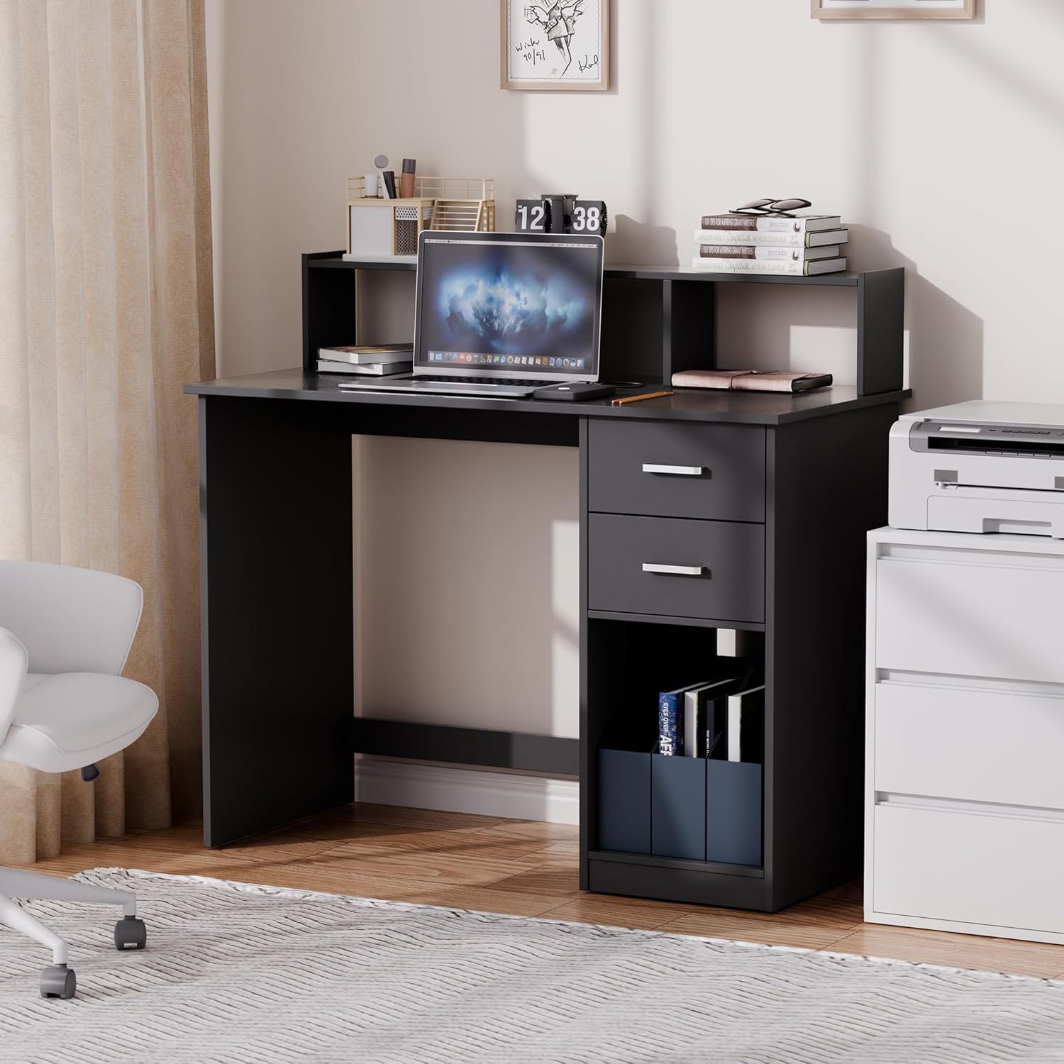 Mondeer Scrivania Computer con 2 Cassetti e Ripiani, Nero - immagine 2